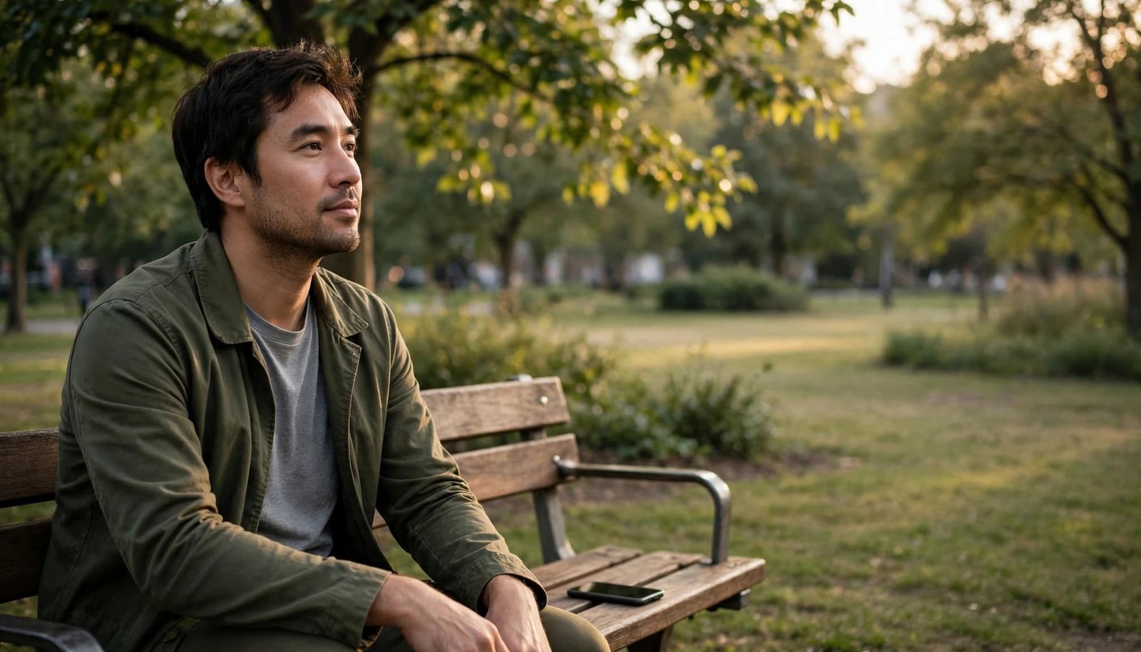 A person sits thoughtfully on a park bench with a phone beside them.