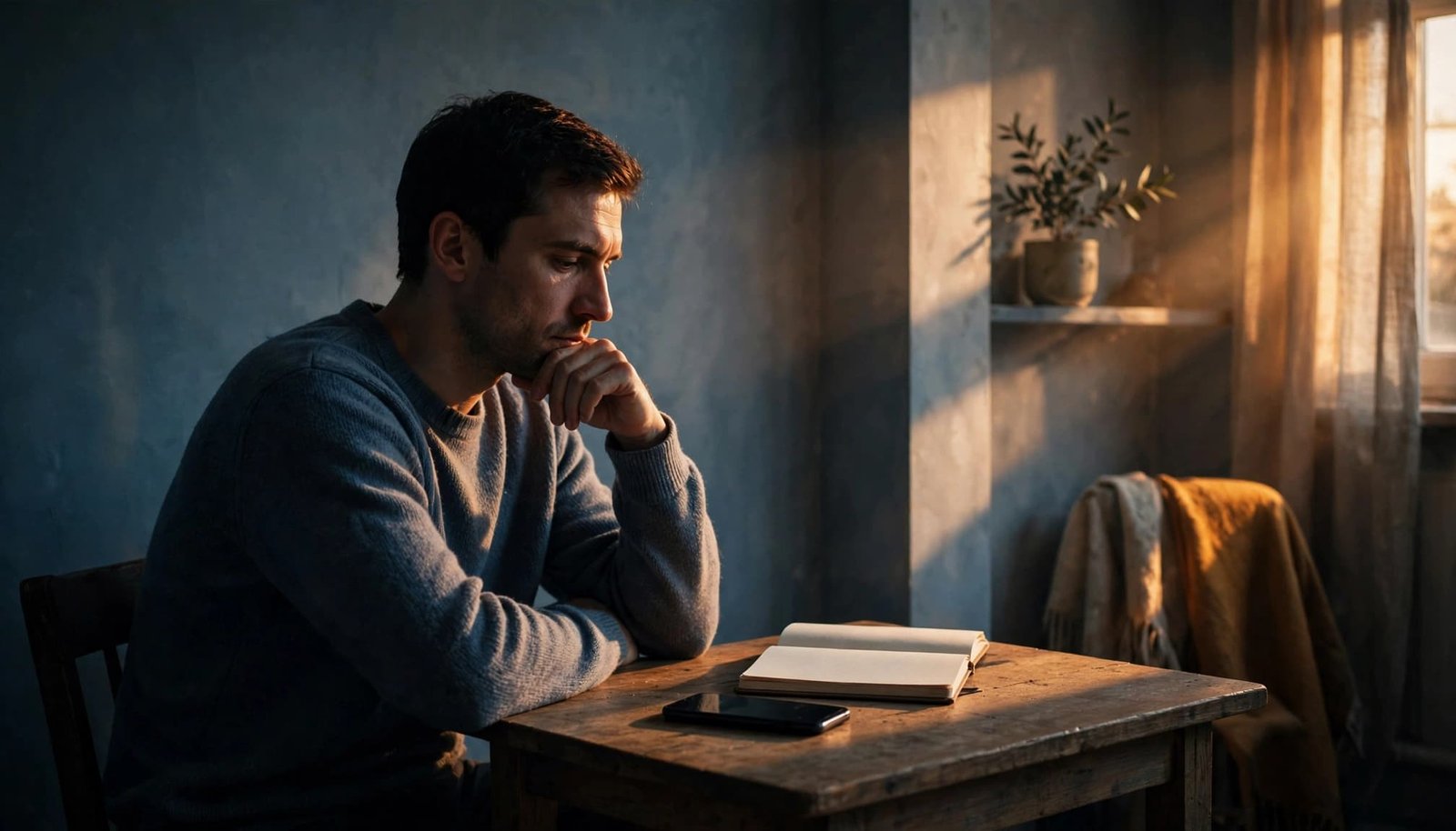 An adult sits at a table with a phone beside a notebook.