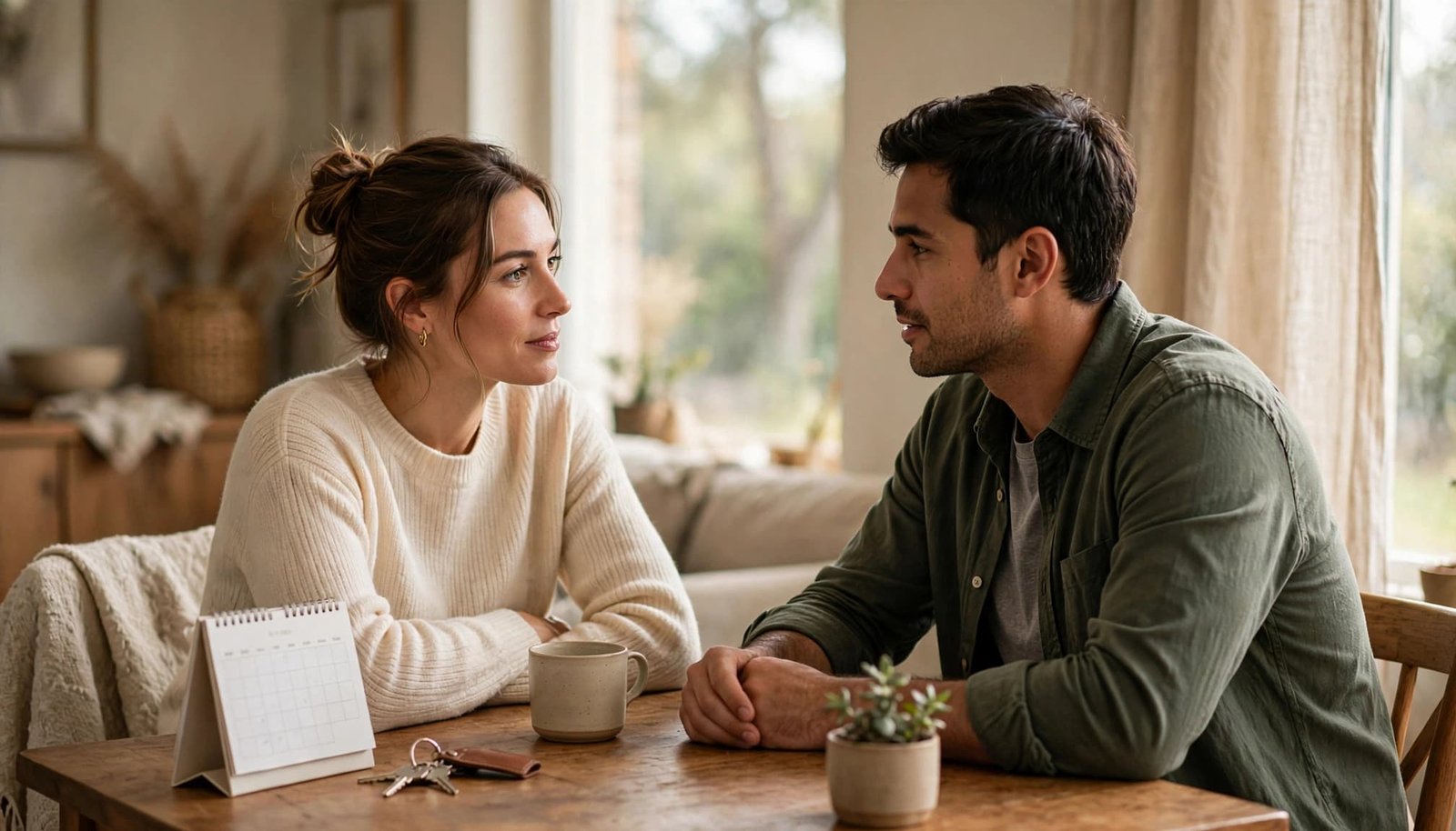 Two adults discuss future plans across a table with a calendar and house keys.