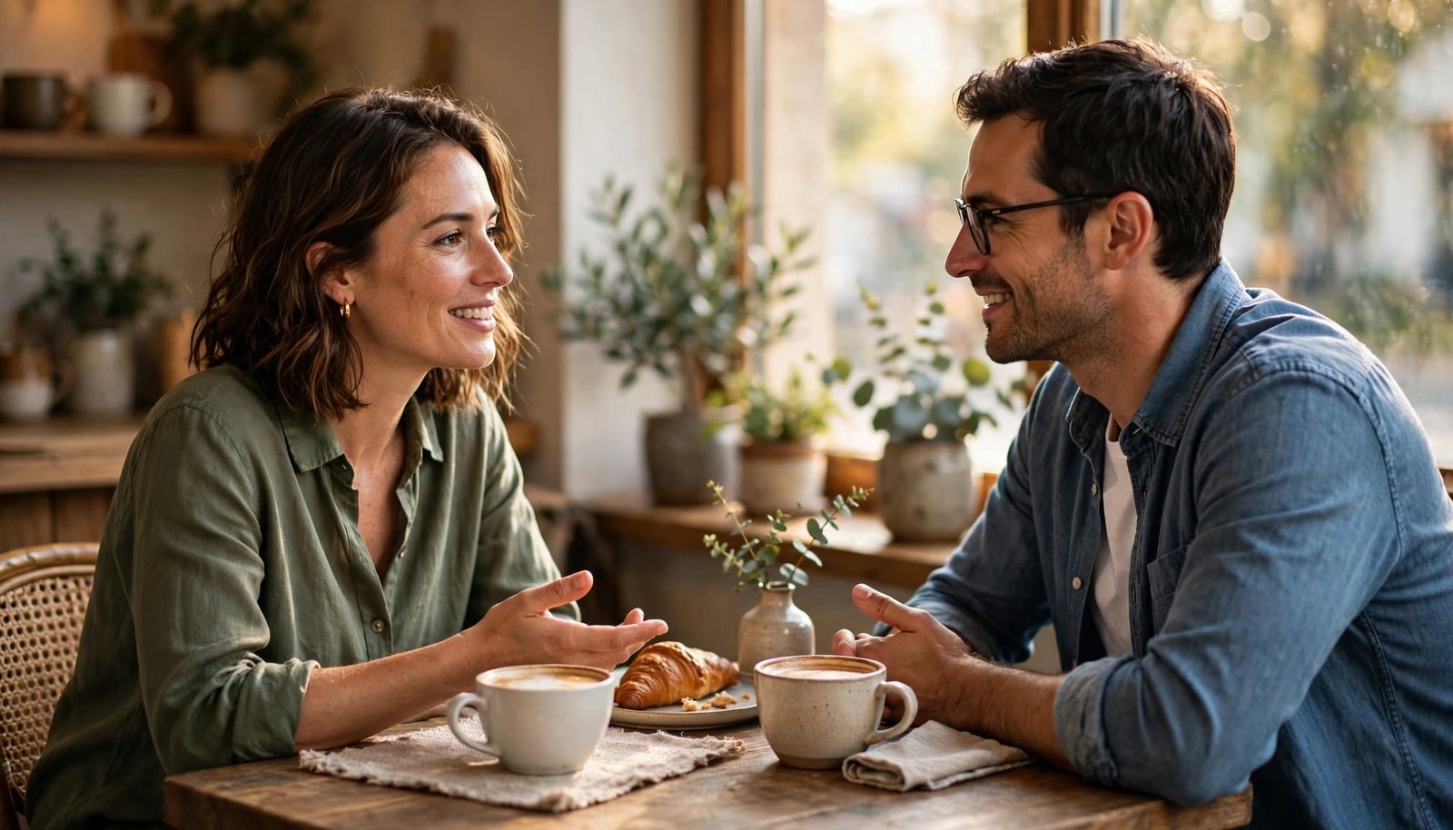 Two adults converse over coffee at a cozy cafe table.