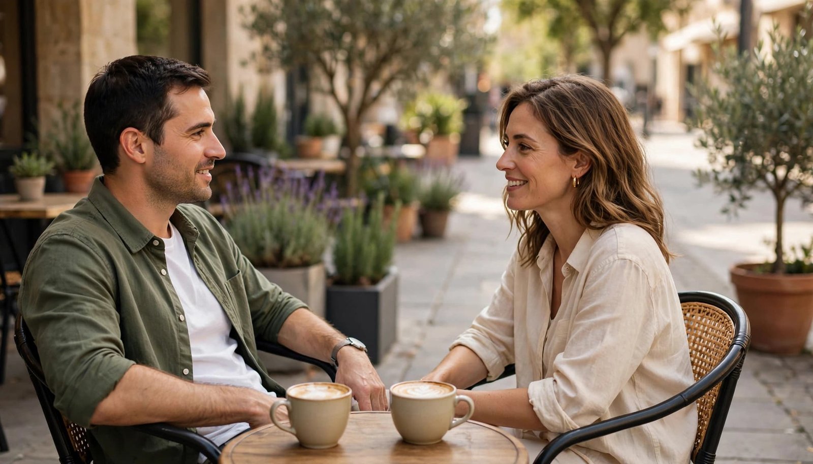 Two adults talk over coffee at a cafe table beside an open walkway.