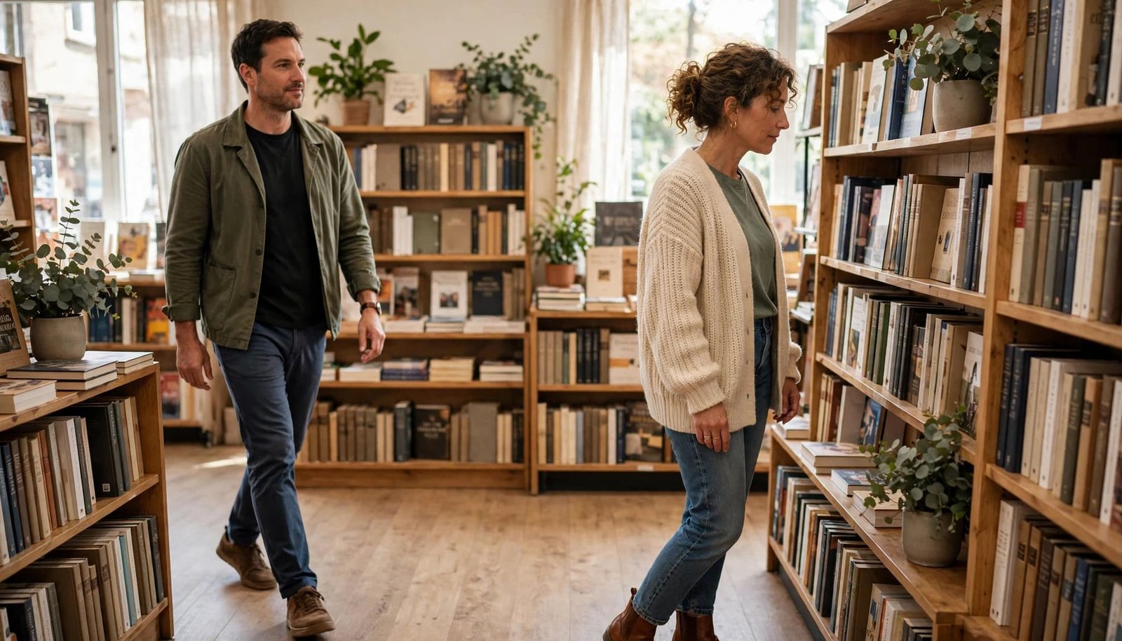 Two adults stand apart in a bright bookstore aisle as a man approaches a woman.