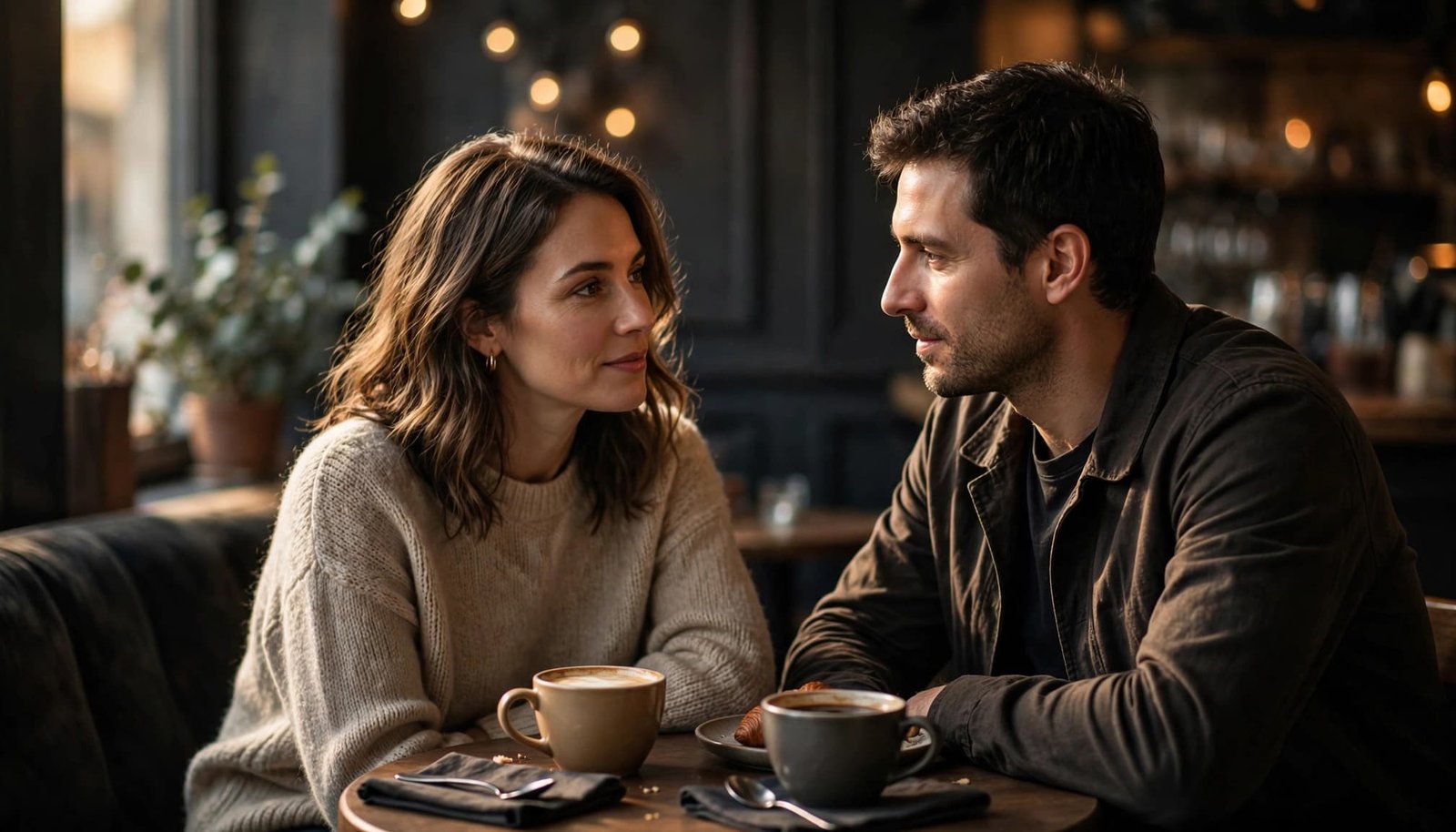 A woman and man share a relaxed conversation at a warmly lit cafe table.