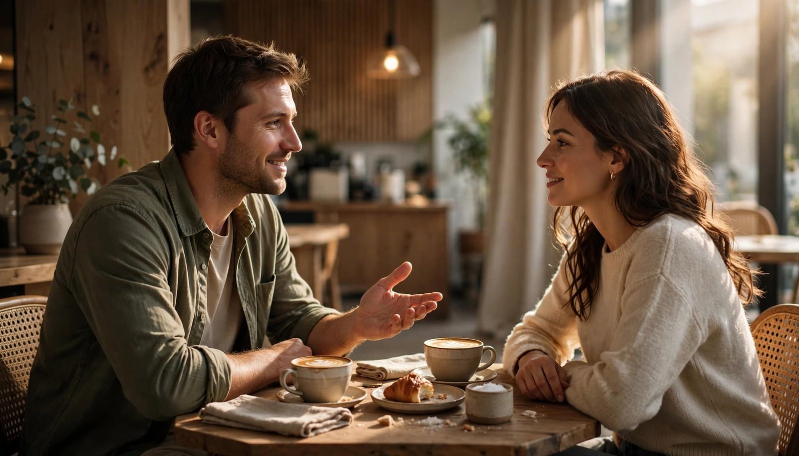A man and woman have a relaxed conversation at a cafe table.