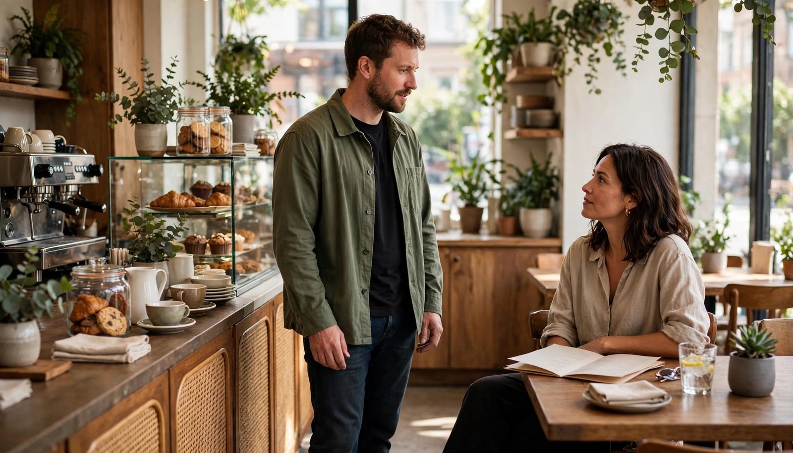 A man speaks with a seated woman in a sunny cafe.