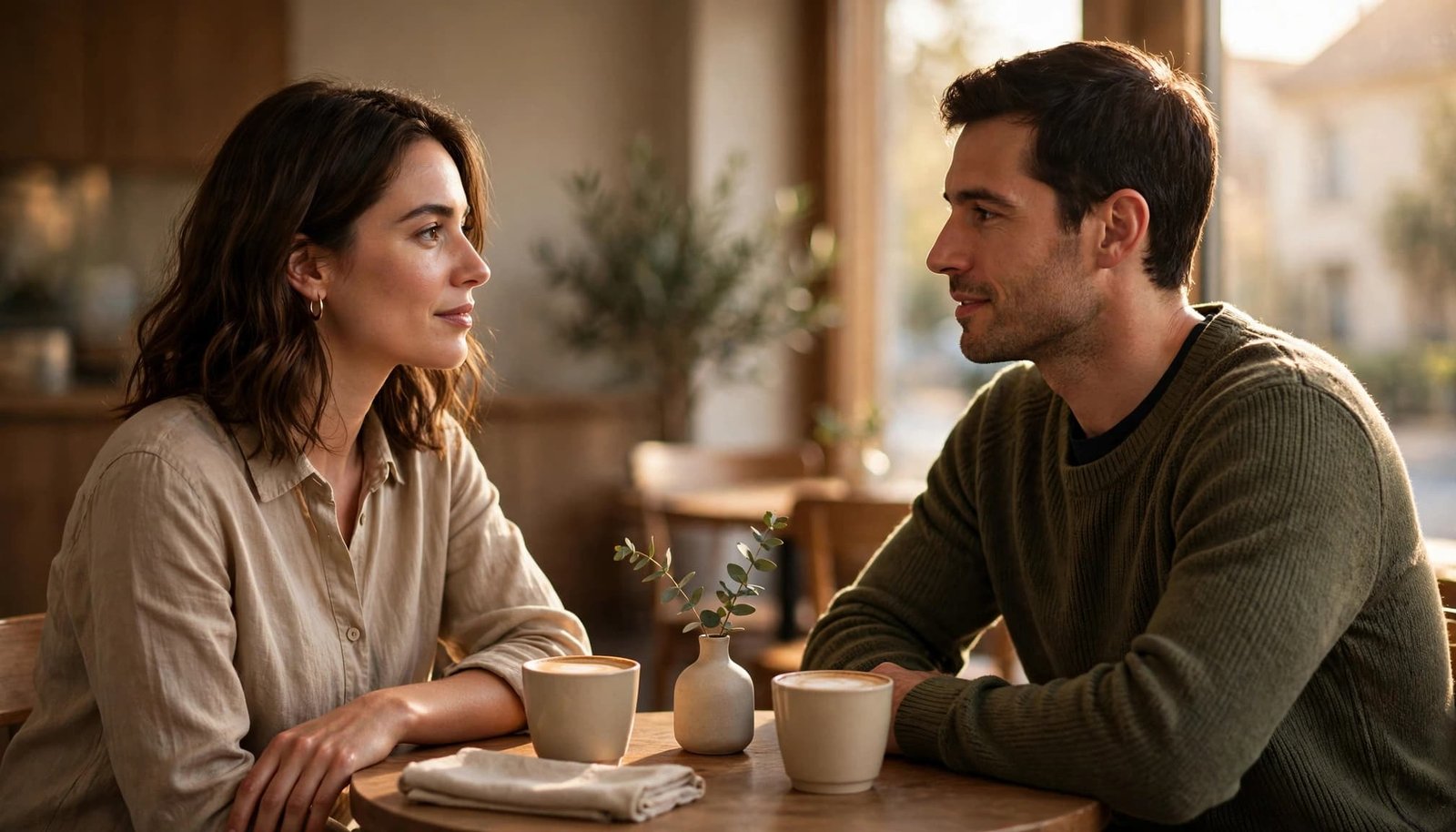A woman and man calmly talk across a small cafe table.