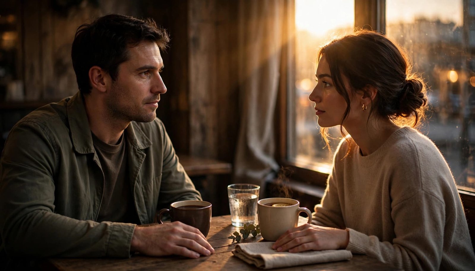 A man and woman calmly talk across a cafe table in warm evening light.