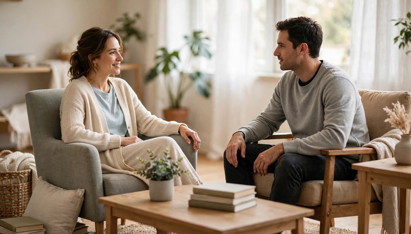 A couple talks from separate chairs in a bright living room with a plant and books.