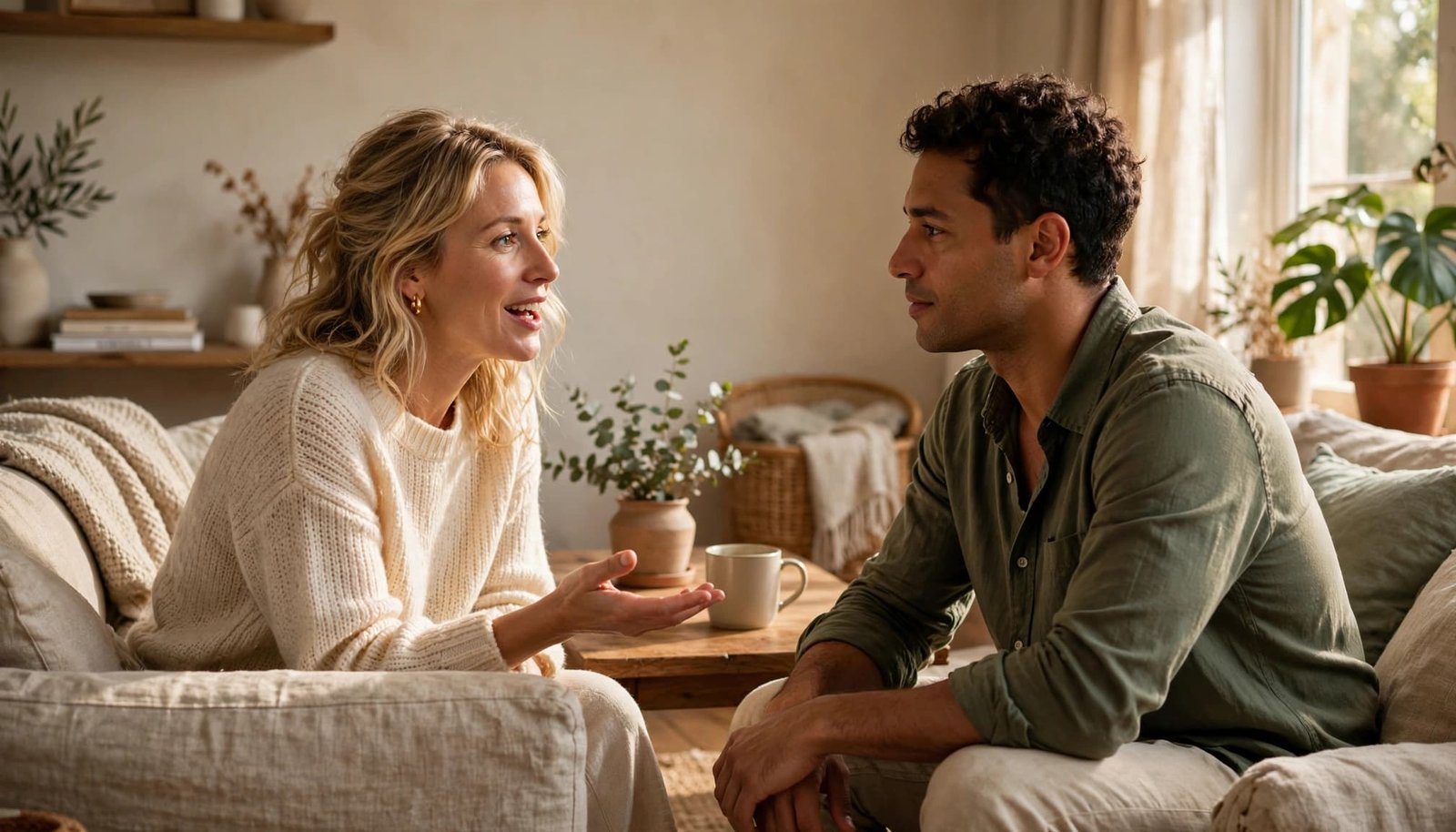 A couple calmly talks face to face in a warmly lit living room.