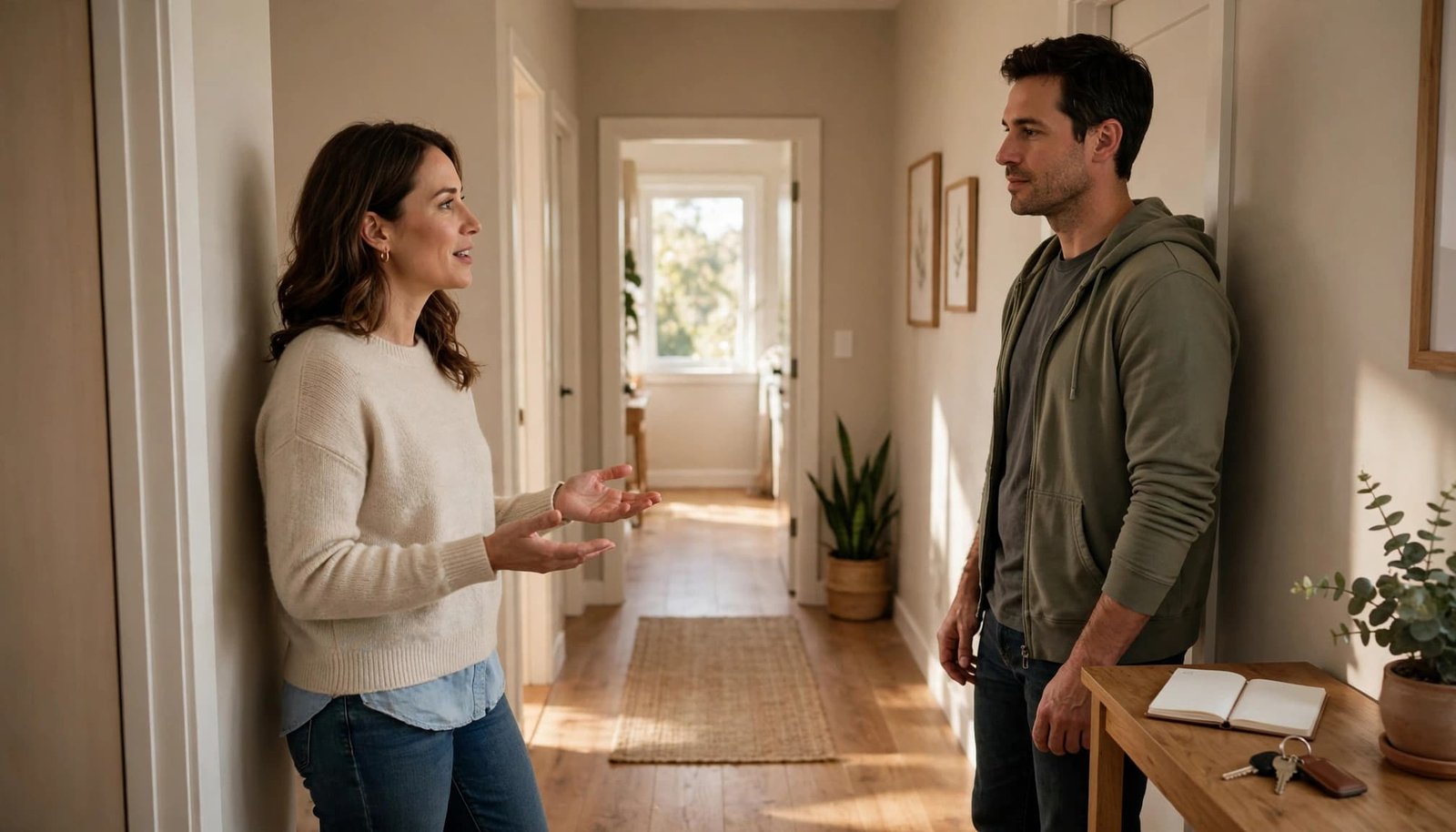 Two adults talk calmly in a home hallway beside a table with keys and a notebook.