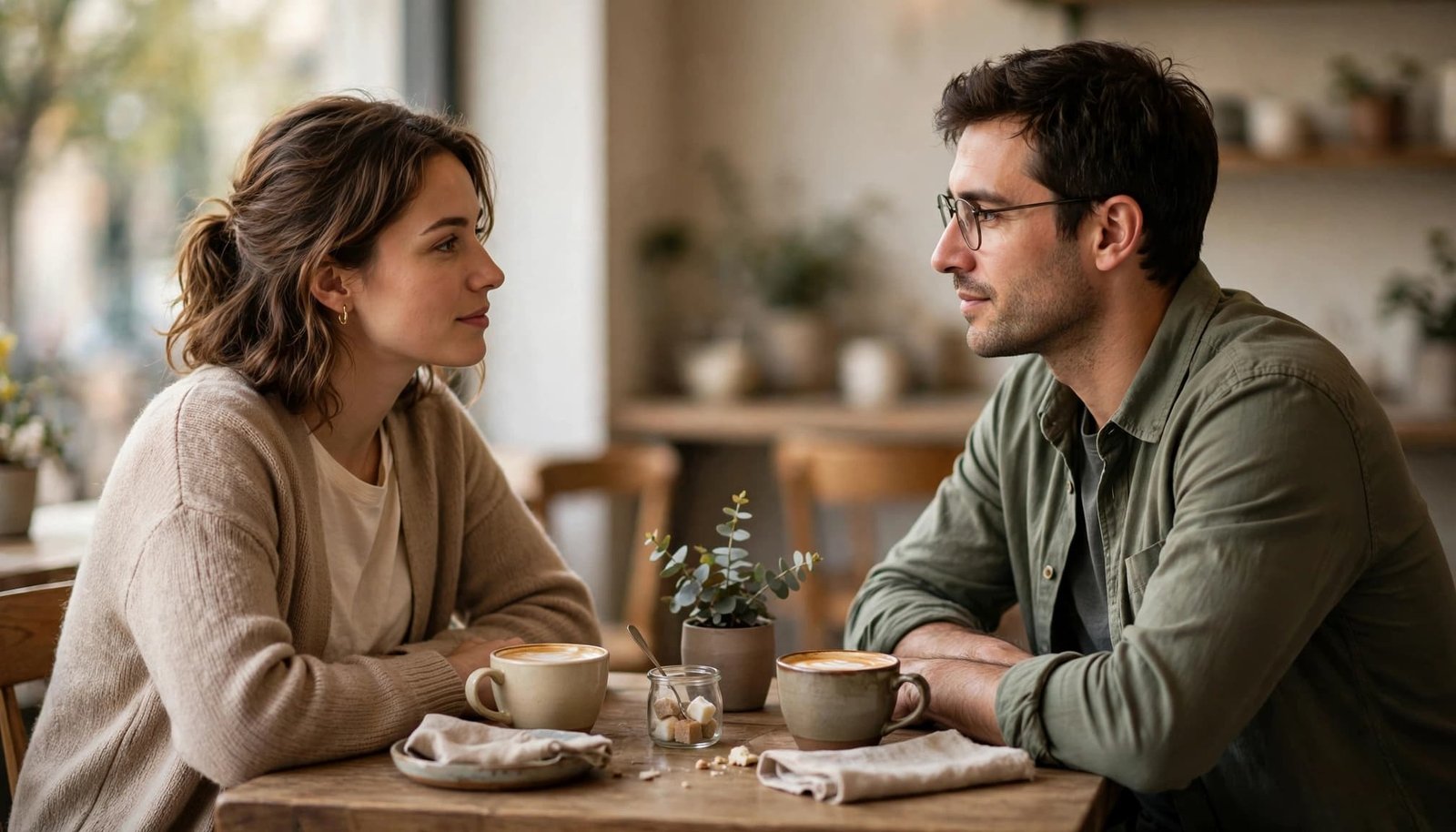 A couple calmly talking over coffee at a softly lit cafe table.