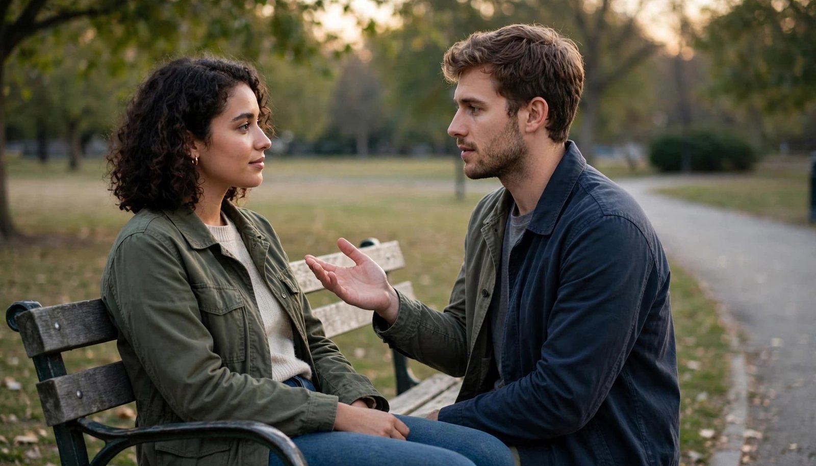 A couple sits apart on a park bench as one asks before reaching out.