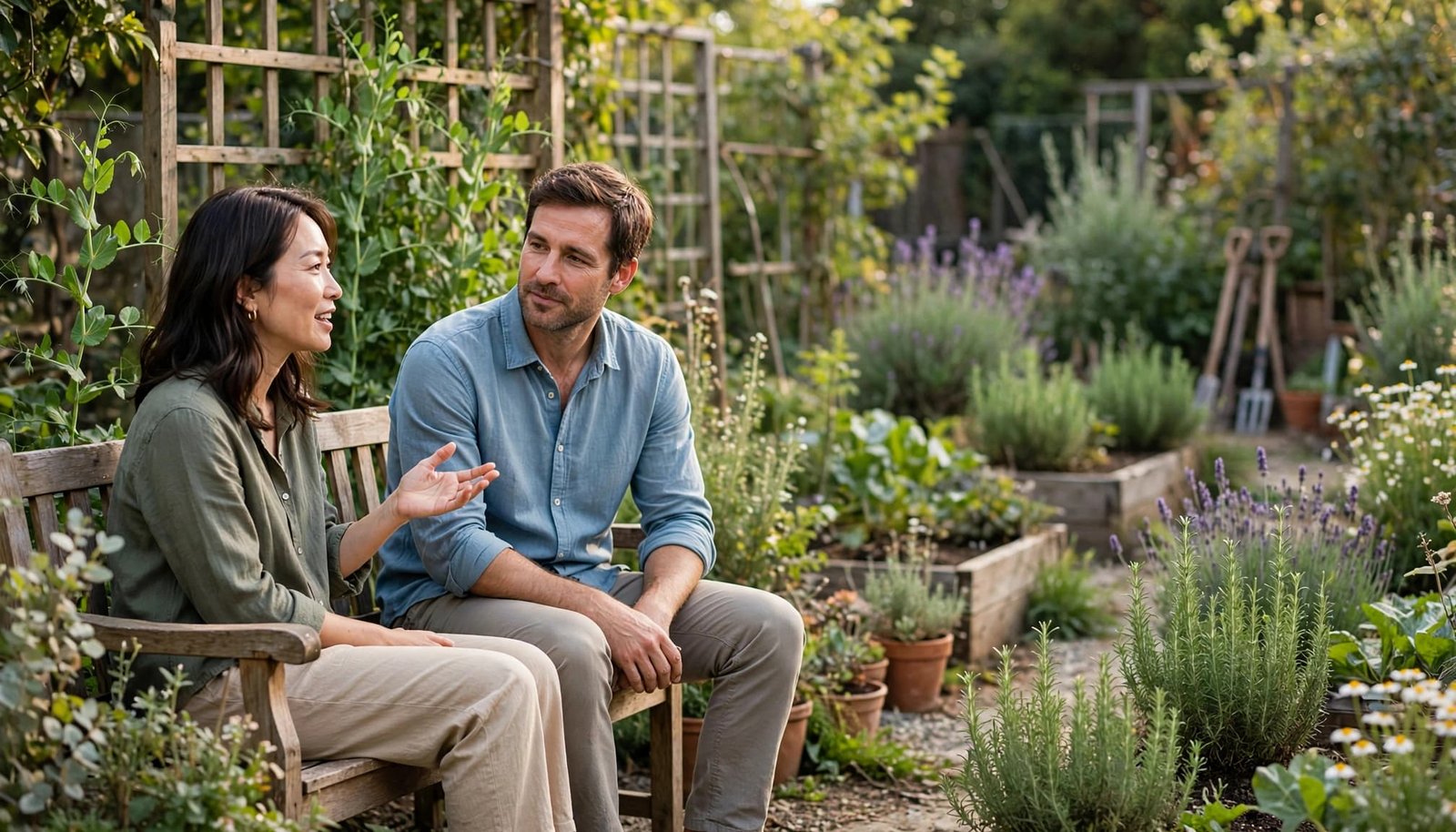 Two adults talk calmly beside garden beds in warm afternoon light.