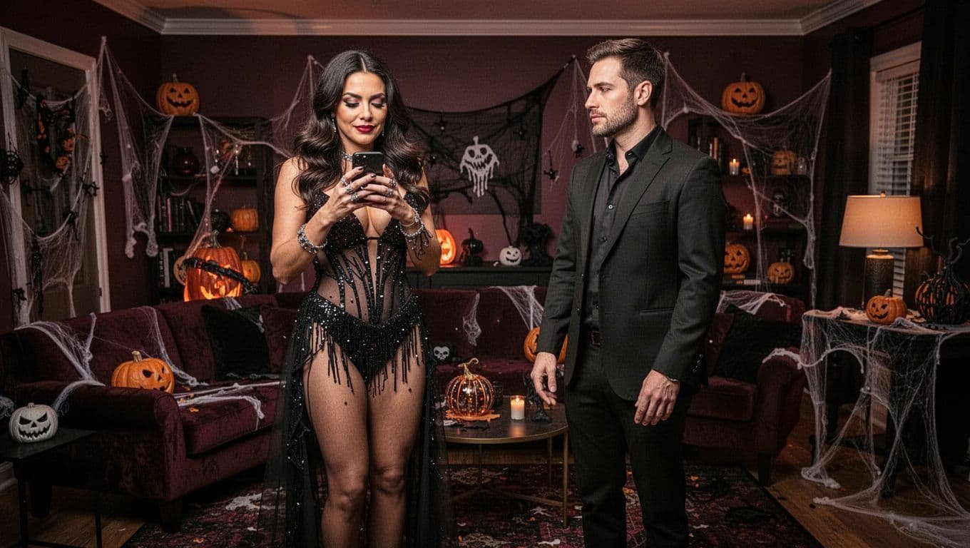 Two adults at a Halloween party, with one holding a phone and the other giving respectful space.