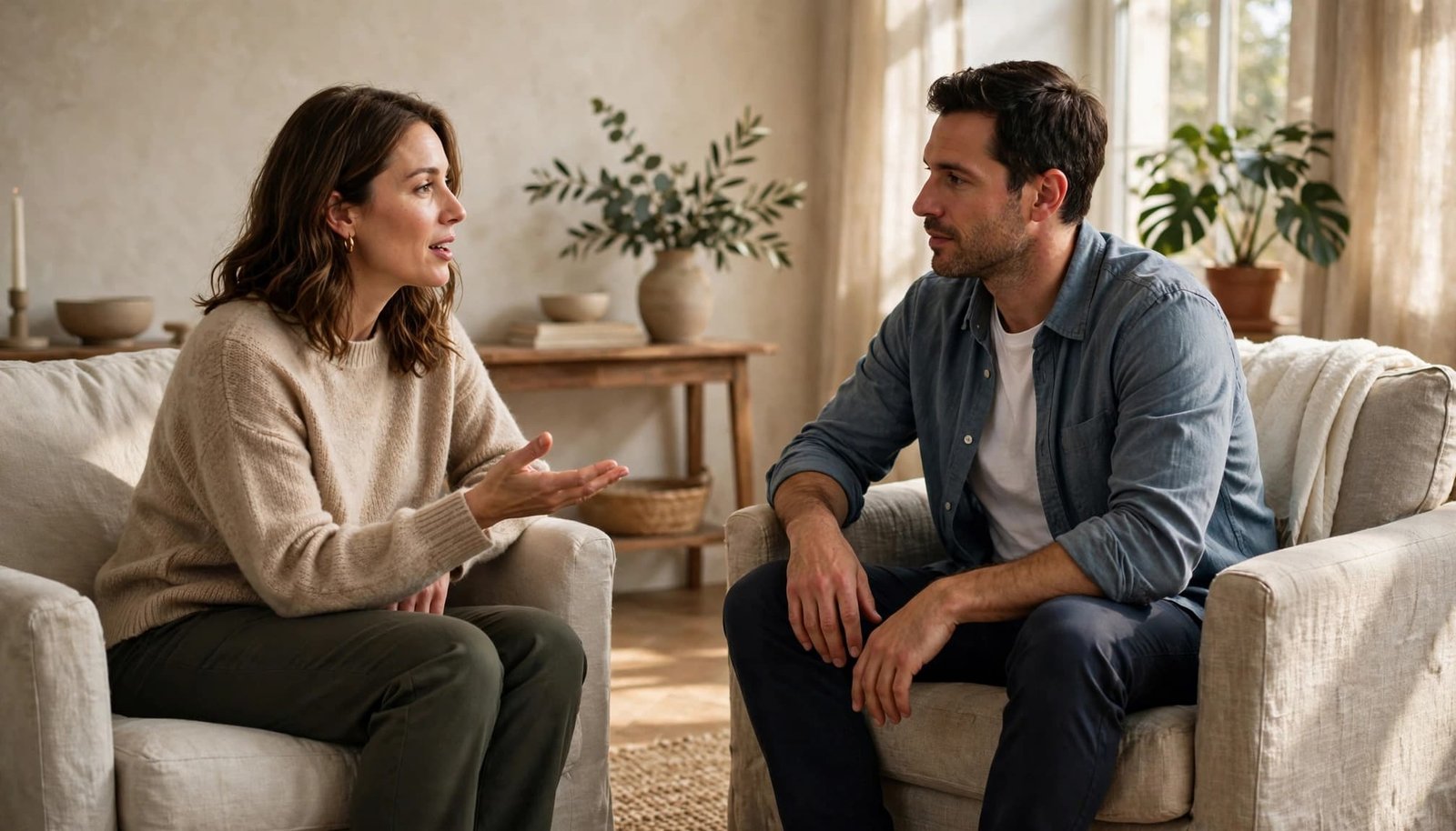 Two adults sit apart in a living room during a calm, attentive conversation.