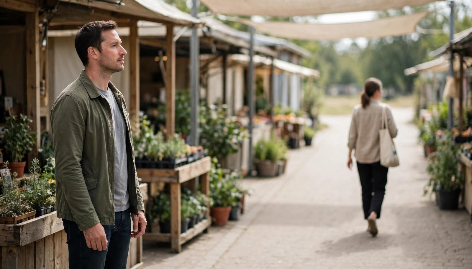 A man waits at the edge of a market walkway as another person passes in the background.