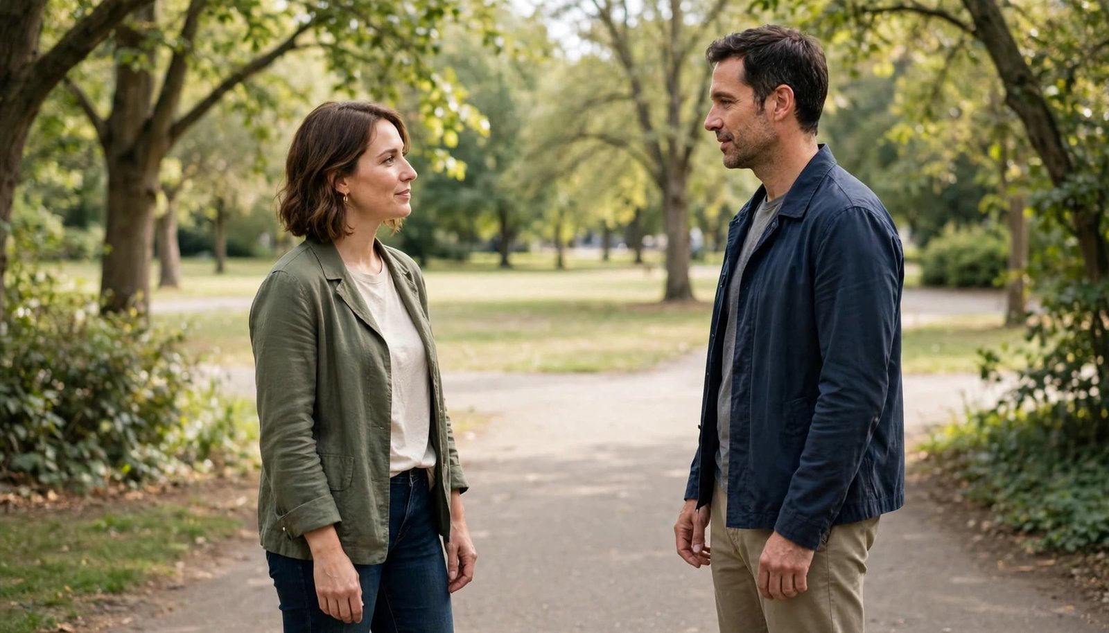 A man and woman calmly talking on a park path with space between them.