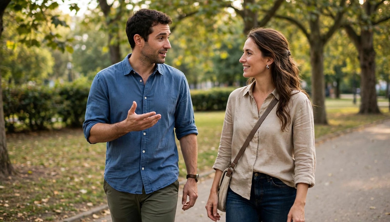 Two adults walk in a park as one gestures before asking about an arm around the shoulders.
