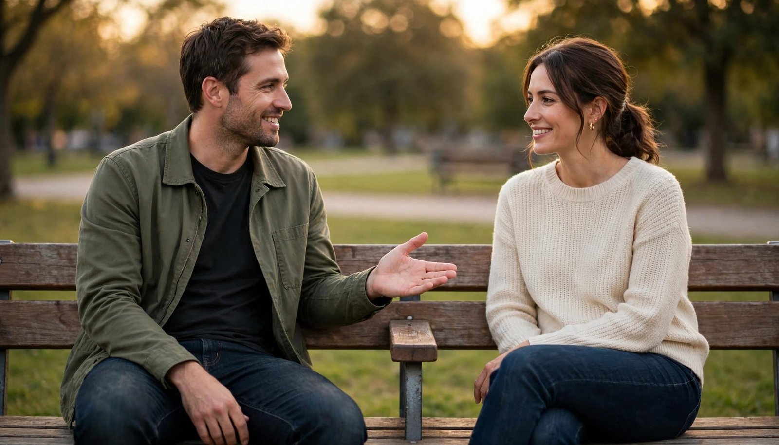 Two adults sit apart on a park bench during a relaxed golden-hour date.
