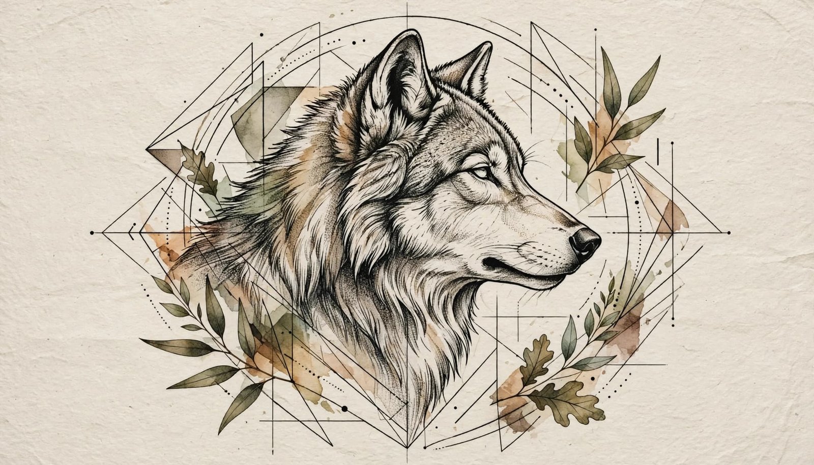 Side-profile wolf tattoo sketch with geometric lines and leaves on paper.