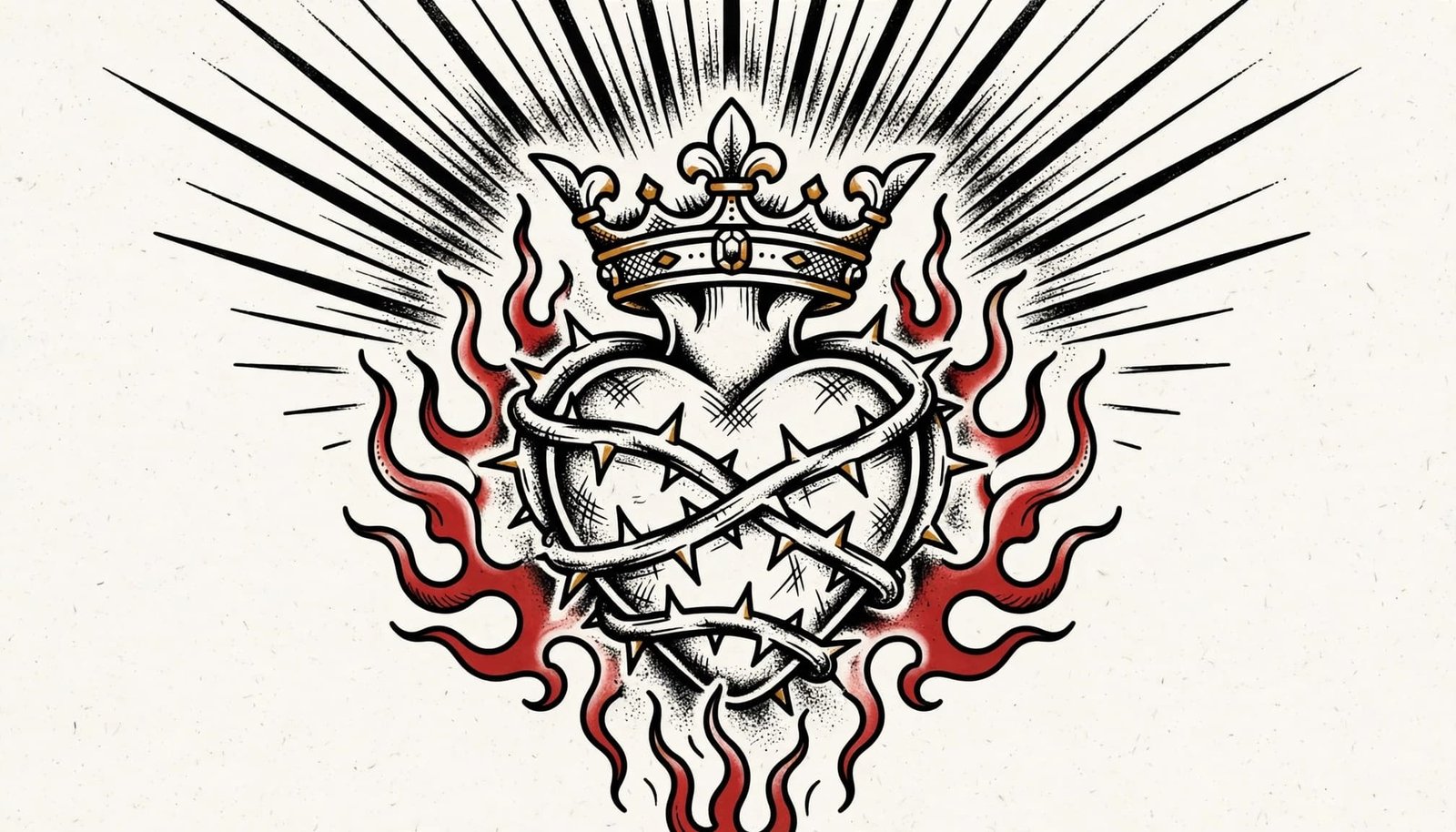 Traditional sacred heart tattoo with flames, crown, rays, and thorns.