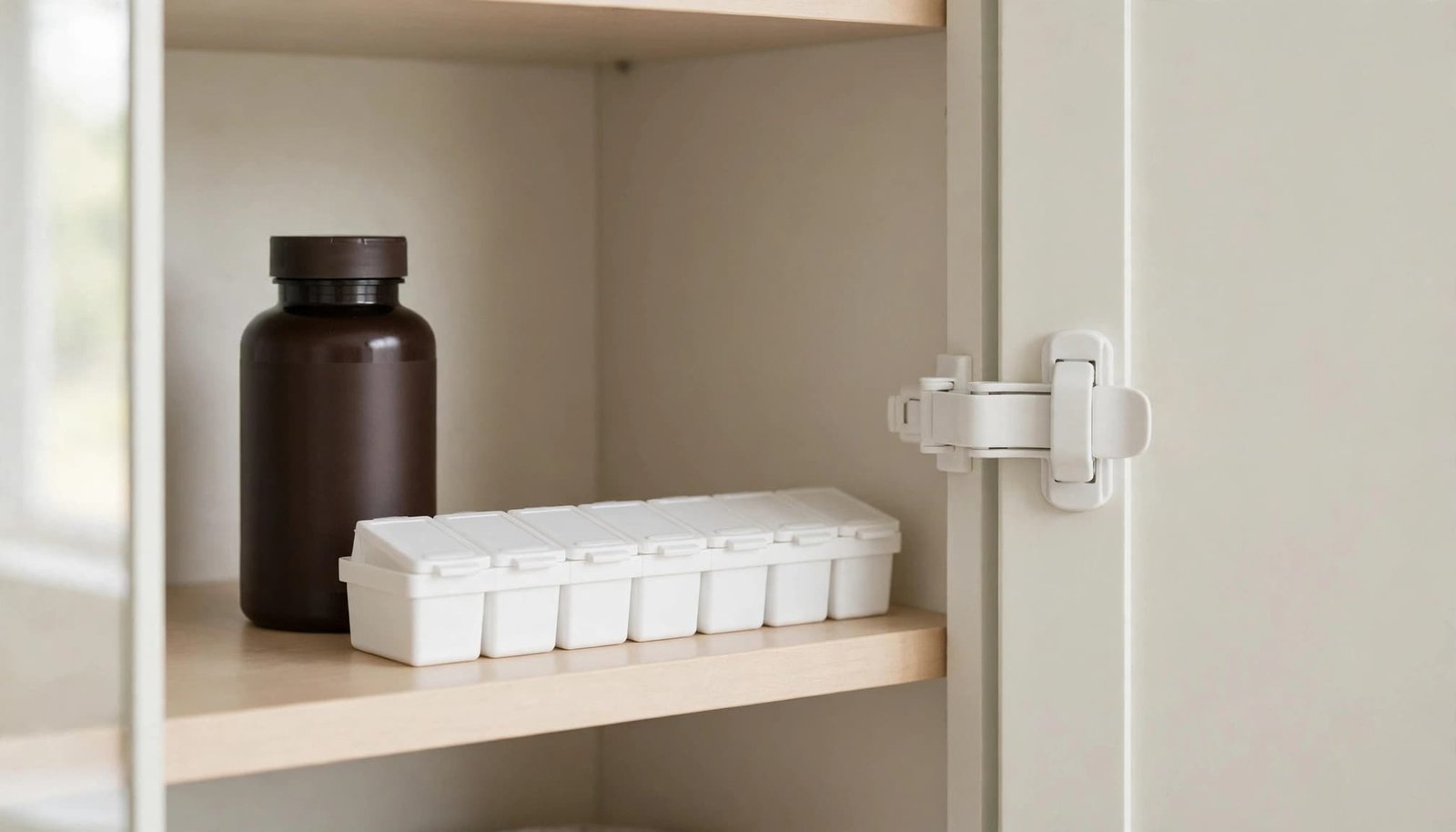 Iron supplement bottle and pill organizer secured inside a bright cabinet.