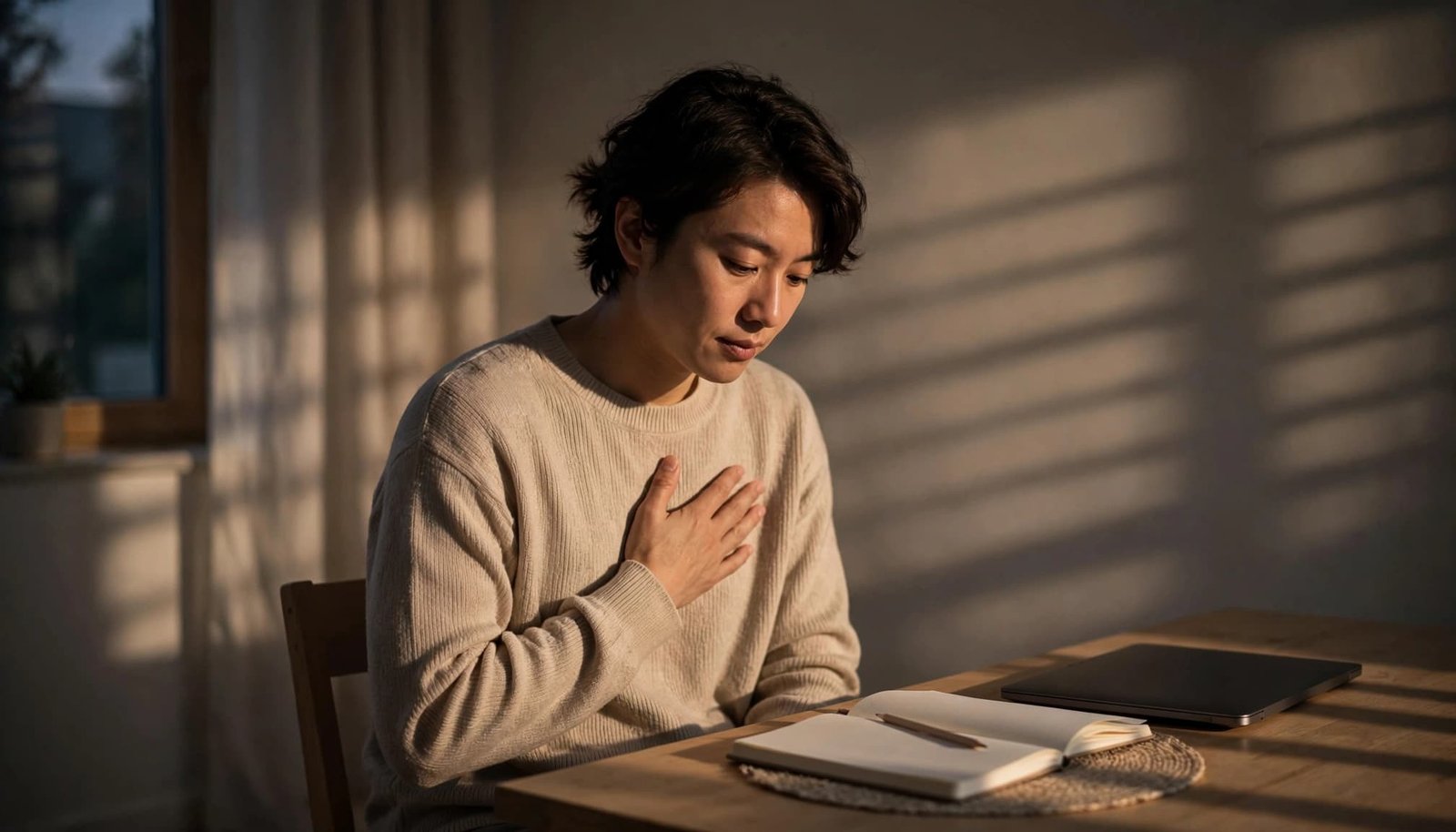 A person rests a hand on their chest beside an unfinished notebook and closed laptop.