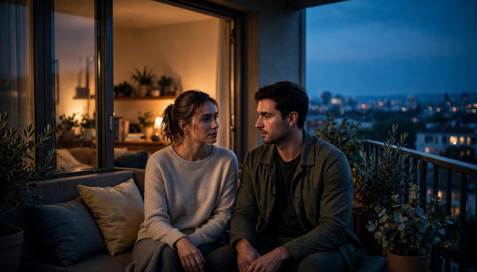 A couple shares a quiet conversation on a balcony at dusk.