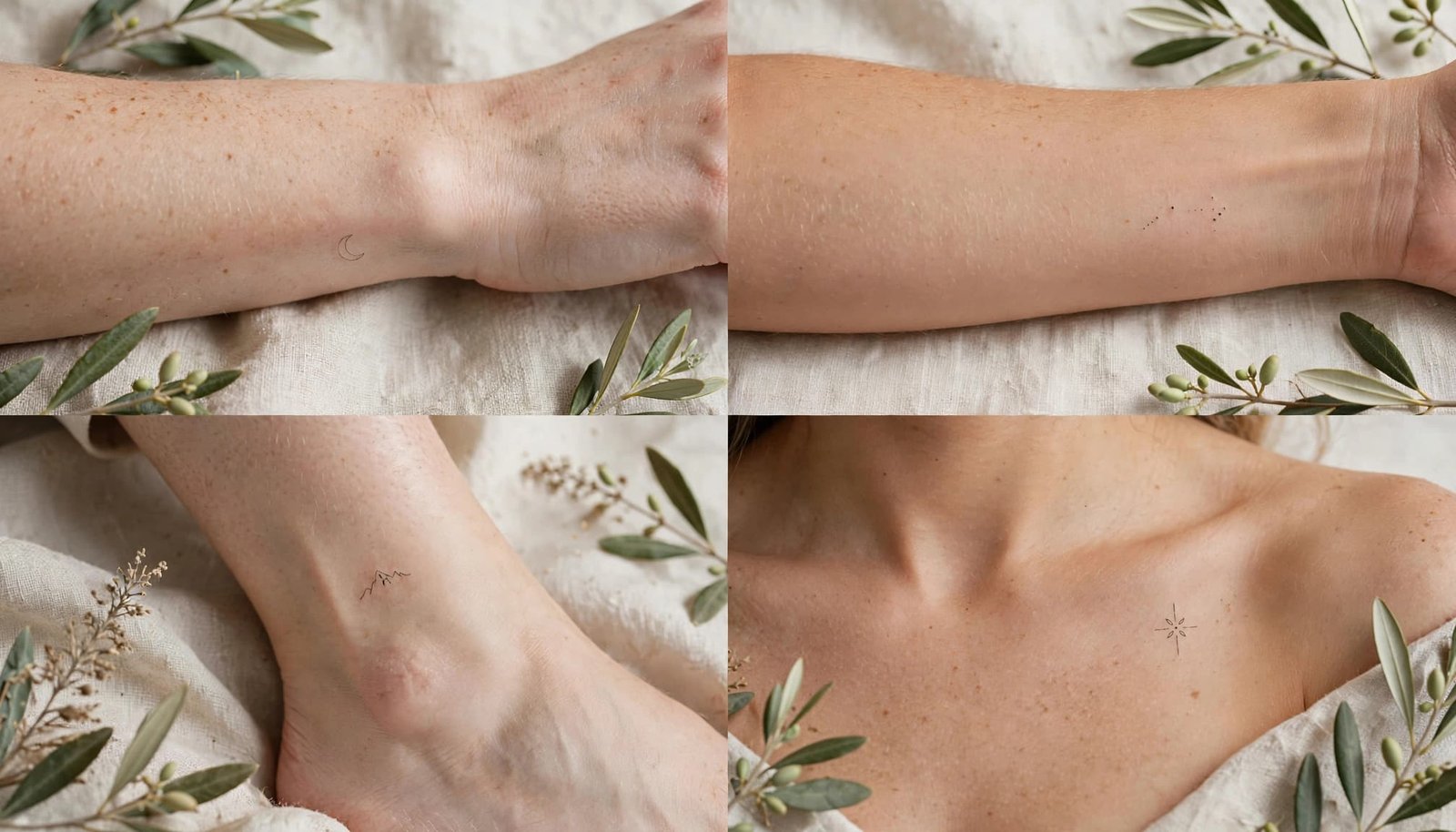 Cropped forearms and ankles show small matching fine-line tattoos in a bright studio.