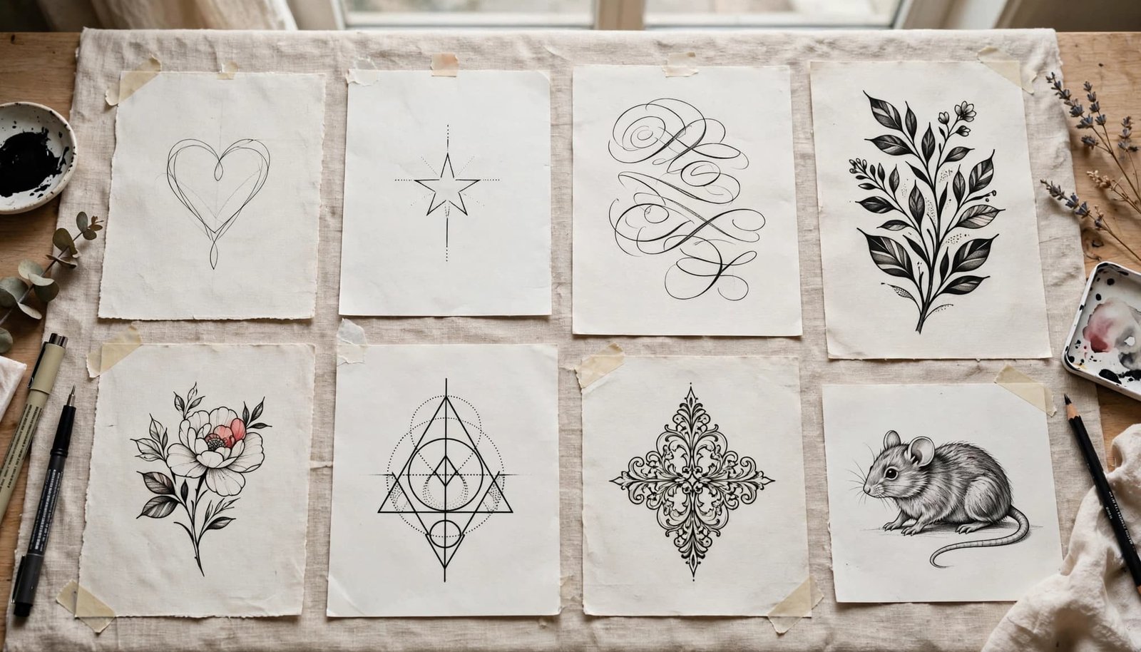 Eight different small tattoo sketches arranged on a consultation table.