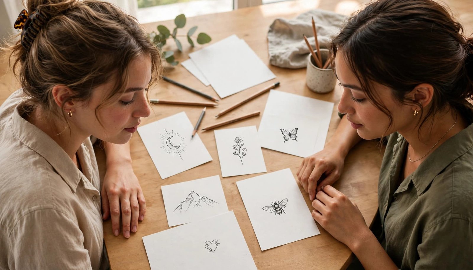 Two sisters compare tattoo sketches and pencils on a bright kitchen table.