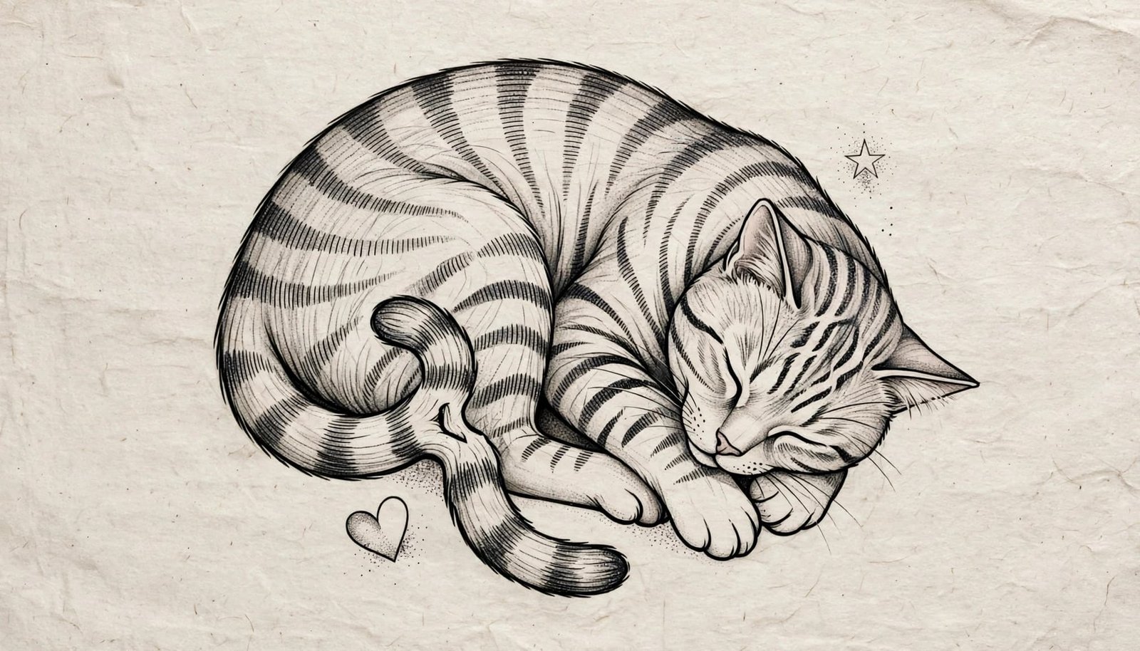 A curled sleeping cat tattoo design with a crooked tail, stripes, star, and heart.
