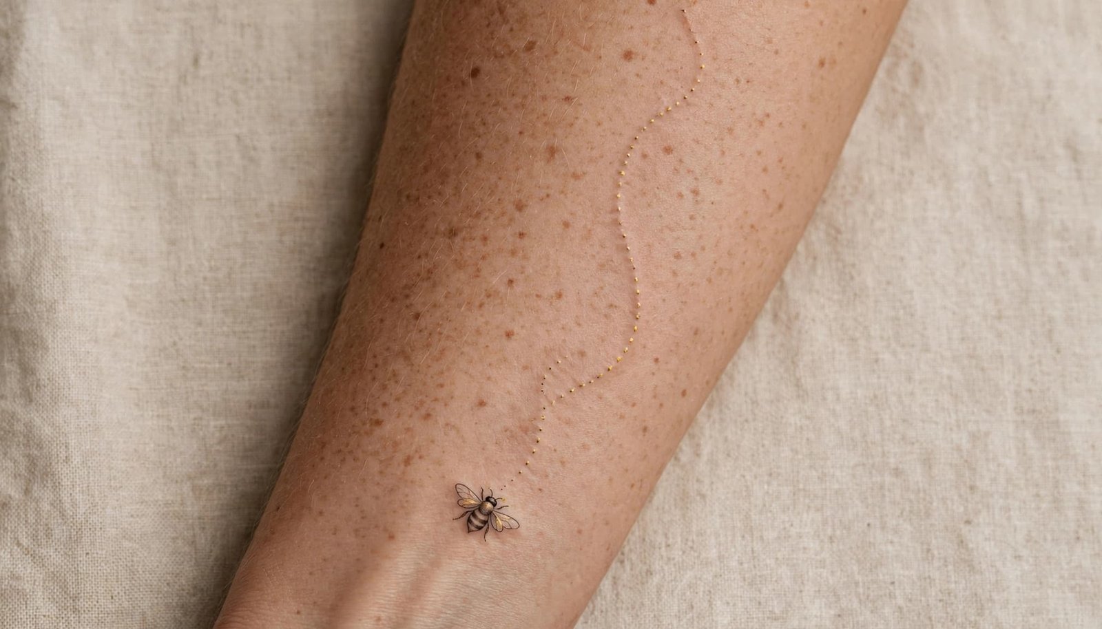 A small bee tattoo with a dotted trail along a forearm.