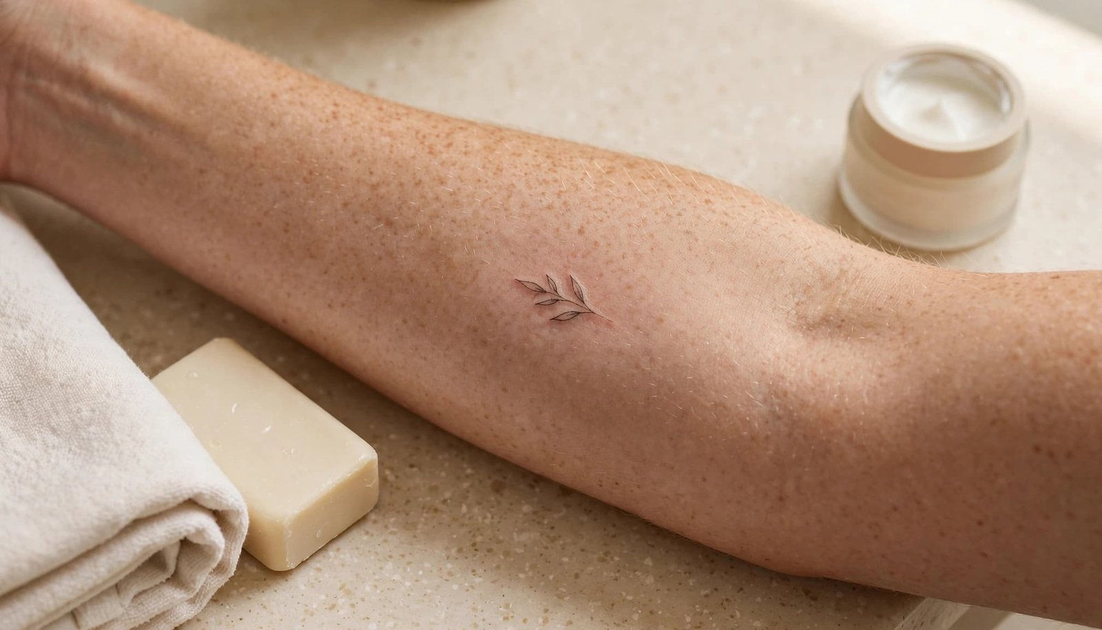 A fresh small tattooed design beside soap, moisturizer, and a folded towel.
