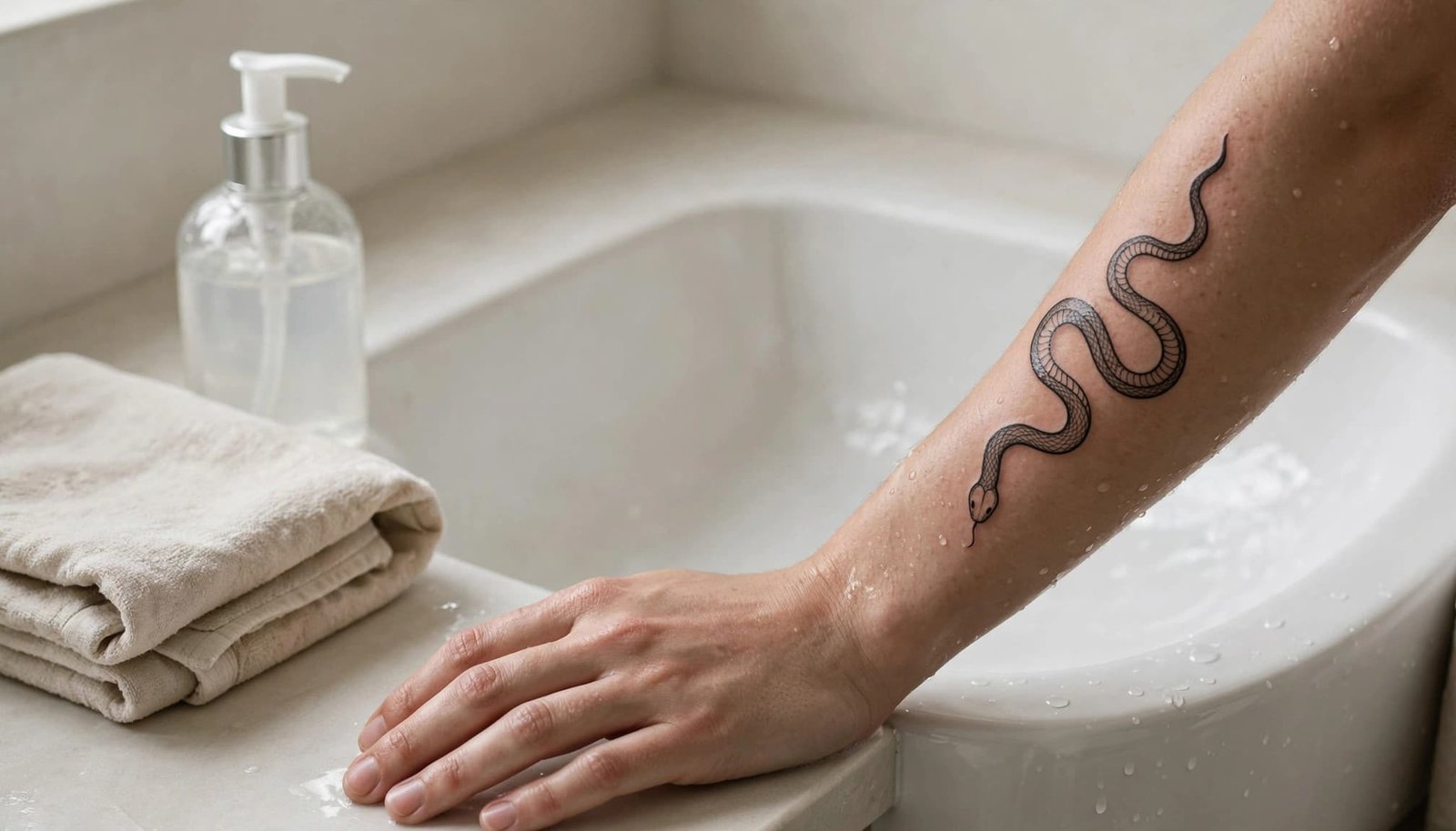 A tattooed forearm rests beside a sink with soap and a clean folded towel.