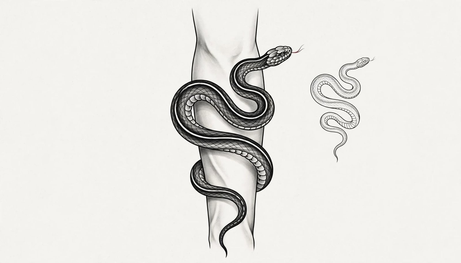 Snake tattoo designs curve around a forearm outline with a smaller fine-line version nearby.