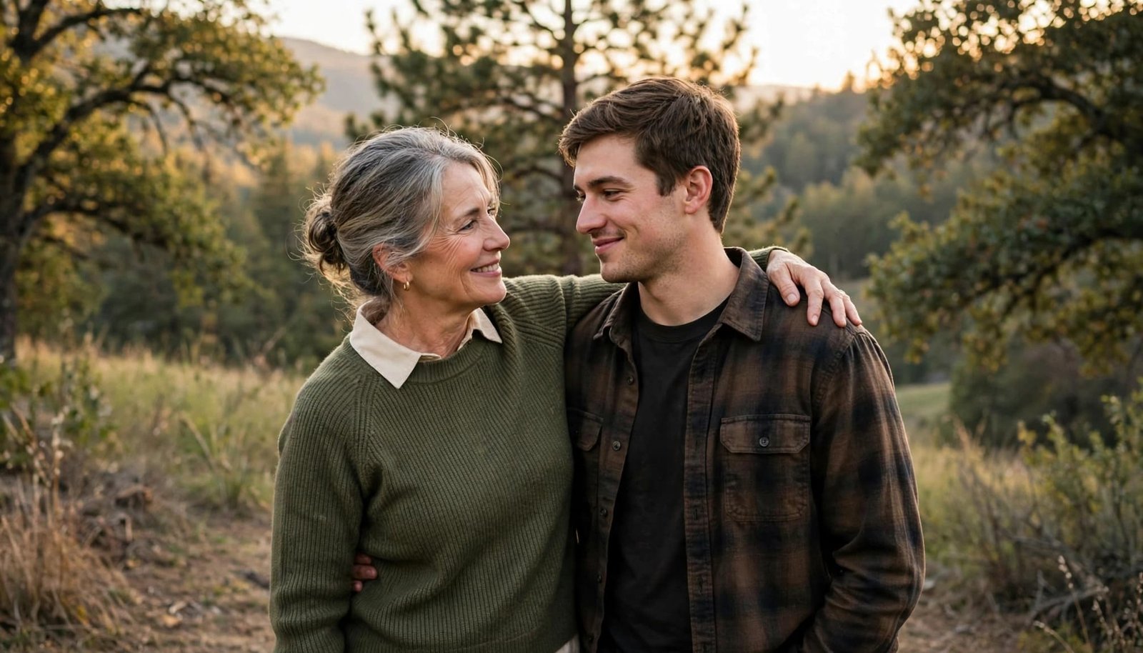 An adult son and parent stand together outdoors in warm afternoon light.