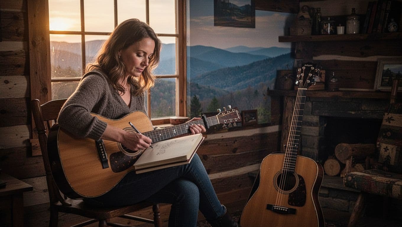 A woman writes in a notebook beside a guitar in a warm mountain home.