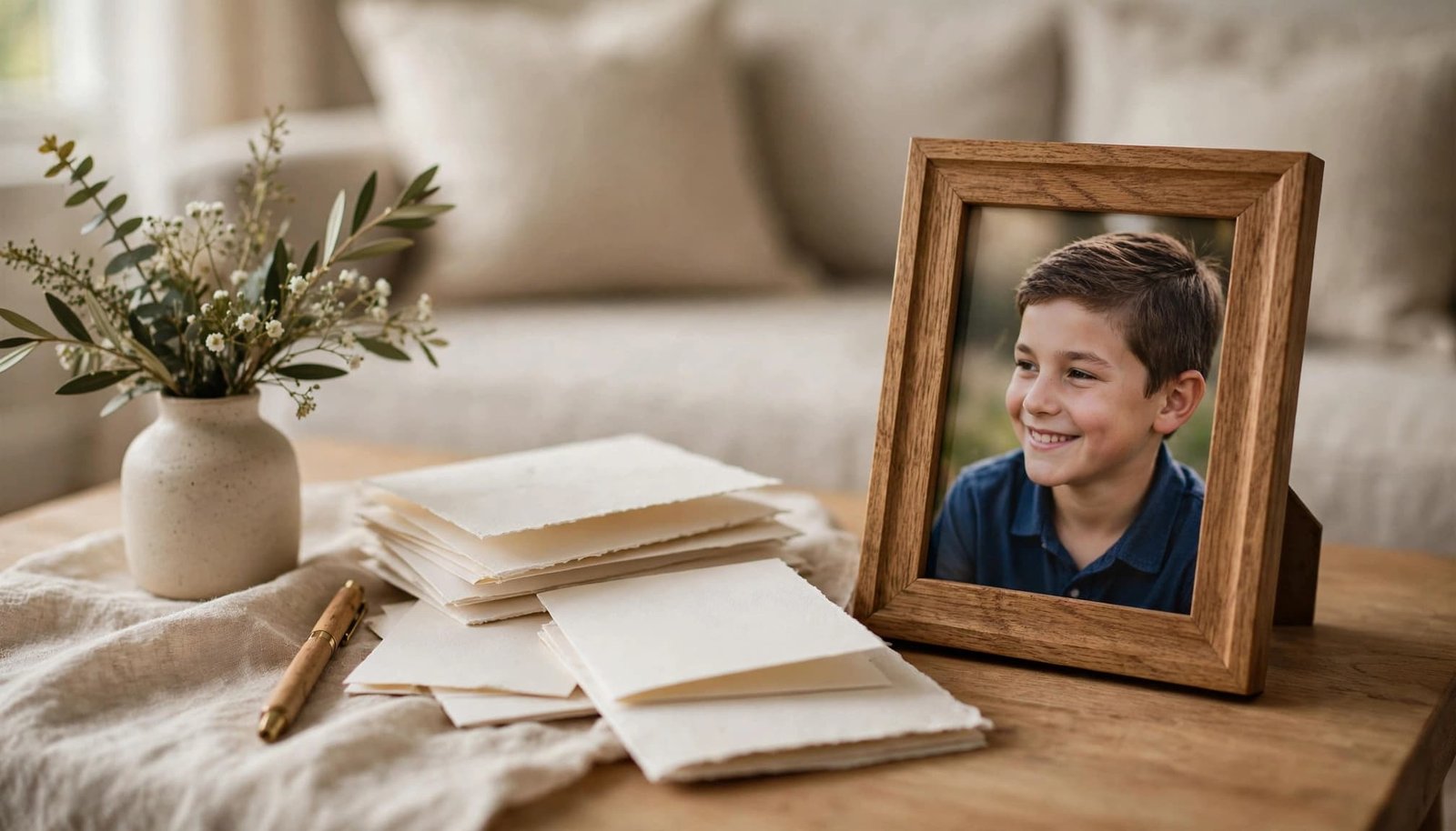 Greeting cards and a framed photo of a son sit beside flowers on a side table.