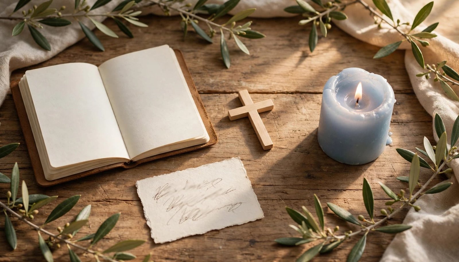 A wooden table with a card, open journal, cross, and blue candle in warm sunlight.