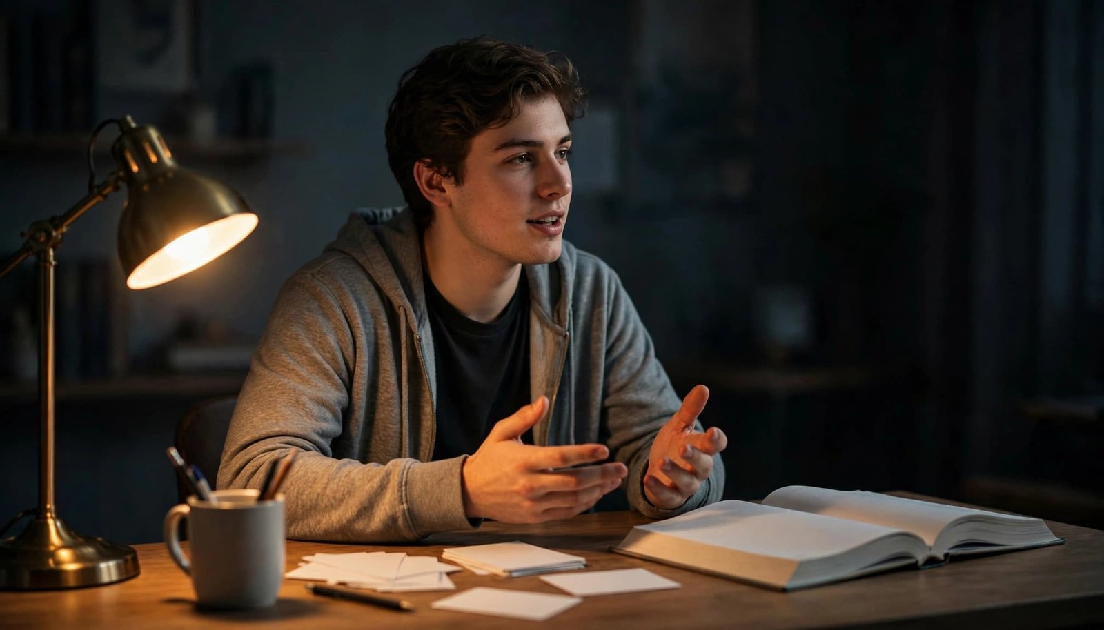 A student explains a concept at a desk with a textbook and blank index cards.