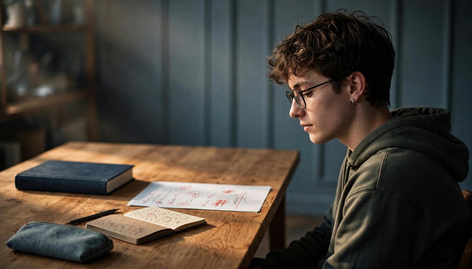 A focused student reviews marked papers beside a closed textbook and small notebook.