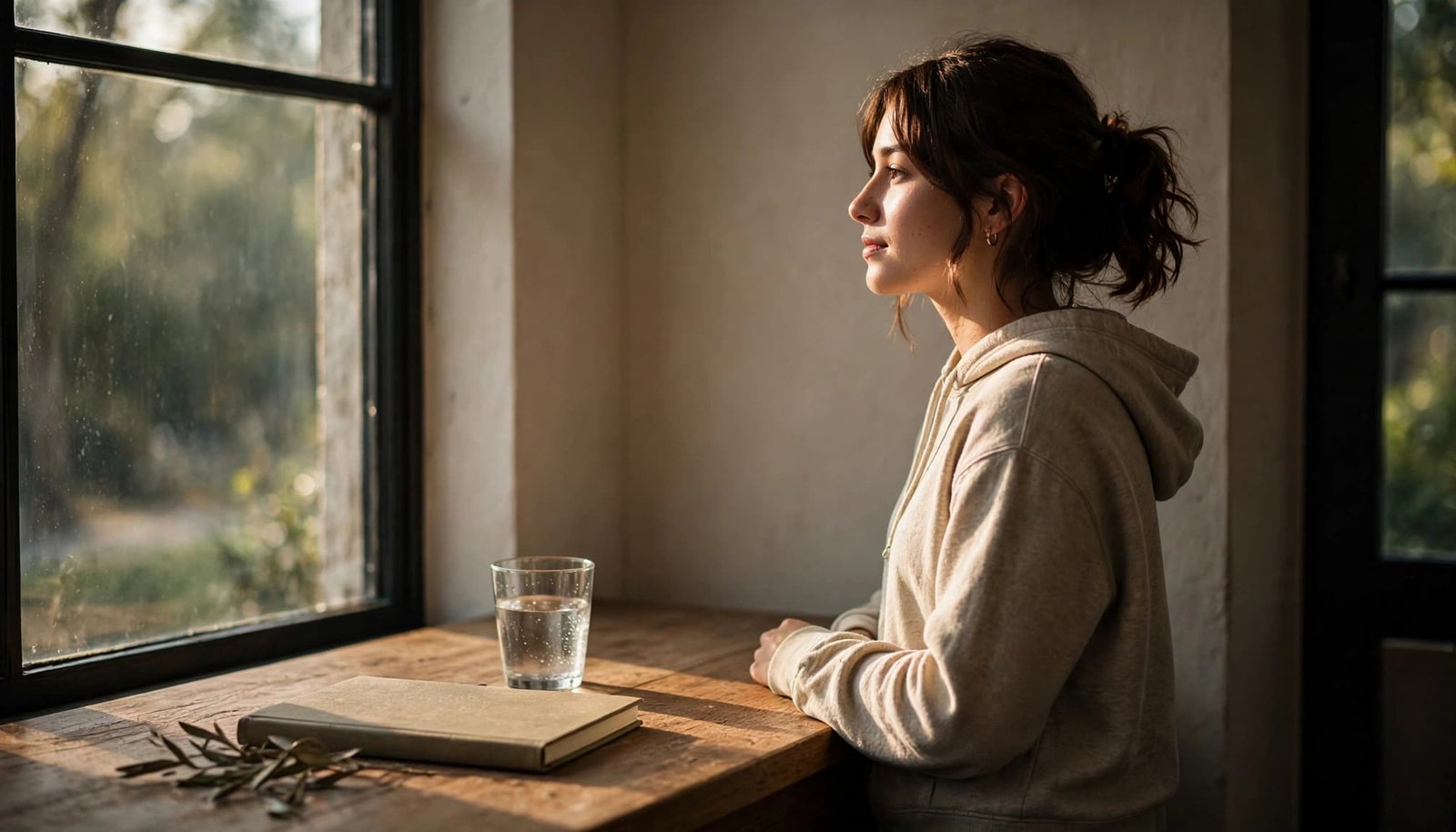 Student taking a quiet break beside a desk with a closed notebook and water.