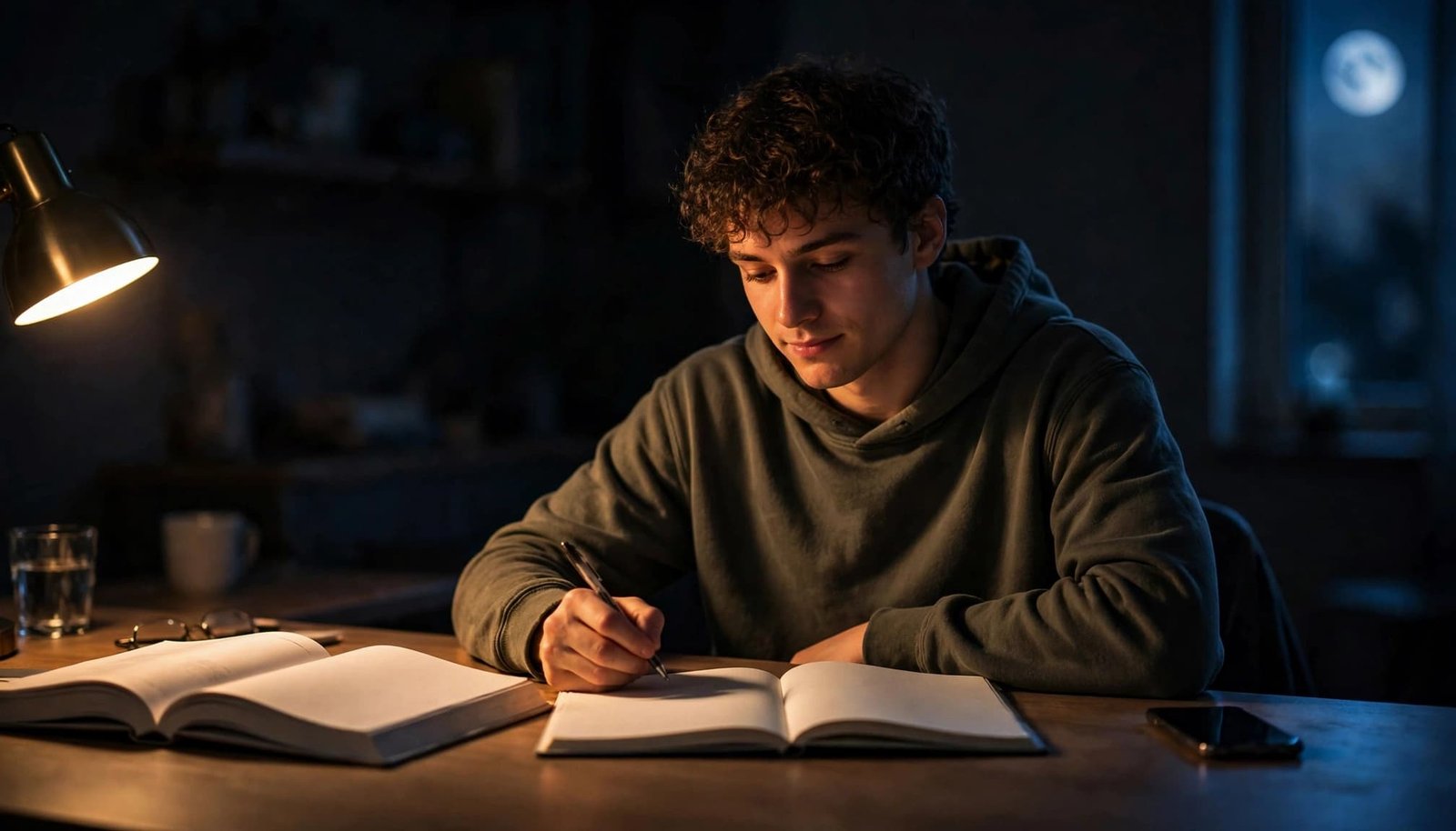 A student begins studying with a notebook, textbook, and phone set aside.