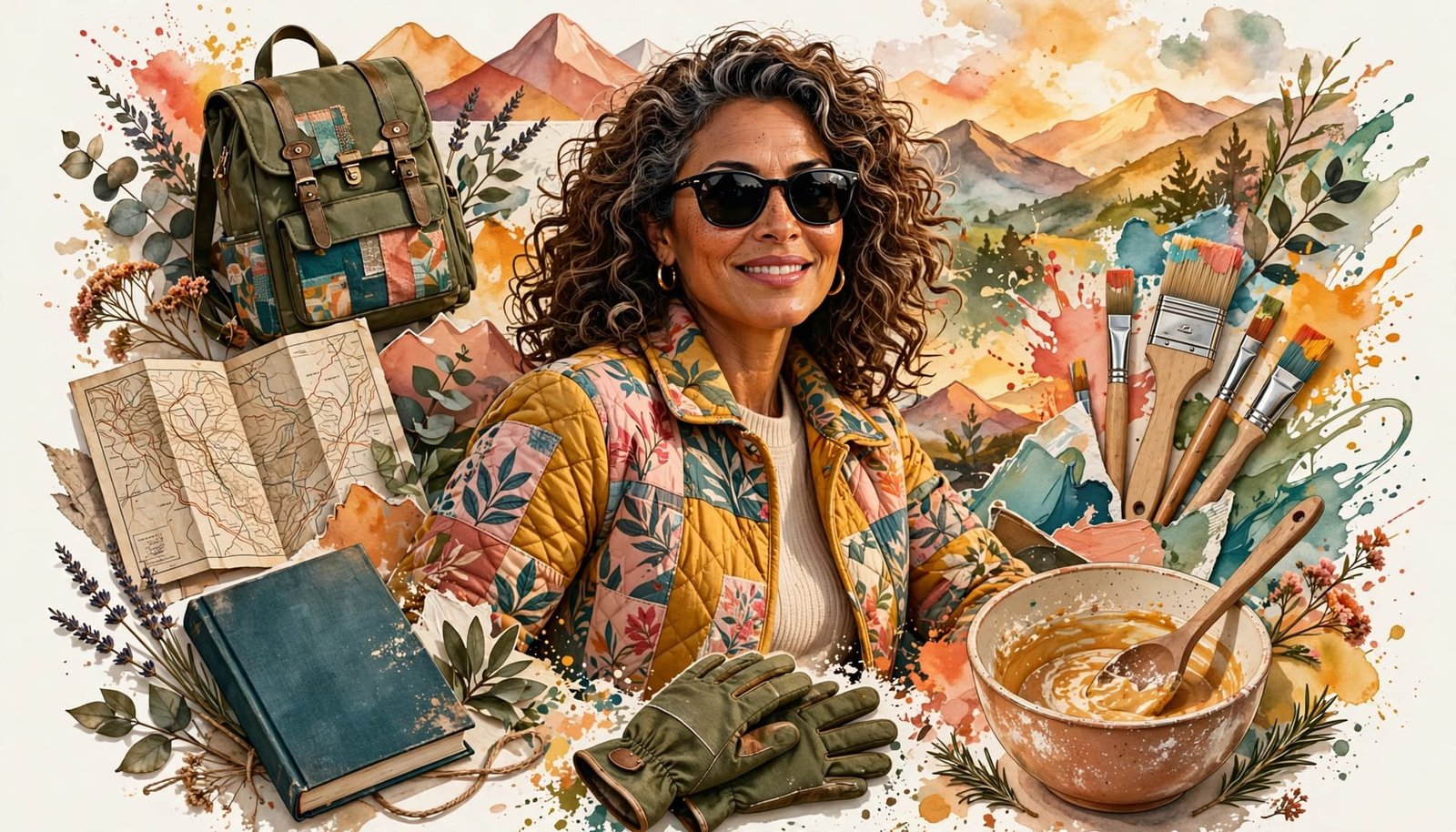 Confident woman surrounded by travel gear, art supplies, gardening gloves, and a mixing bowl.