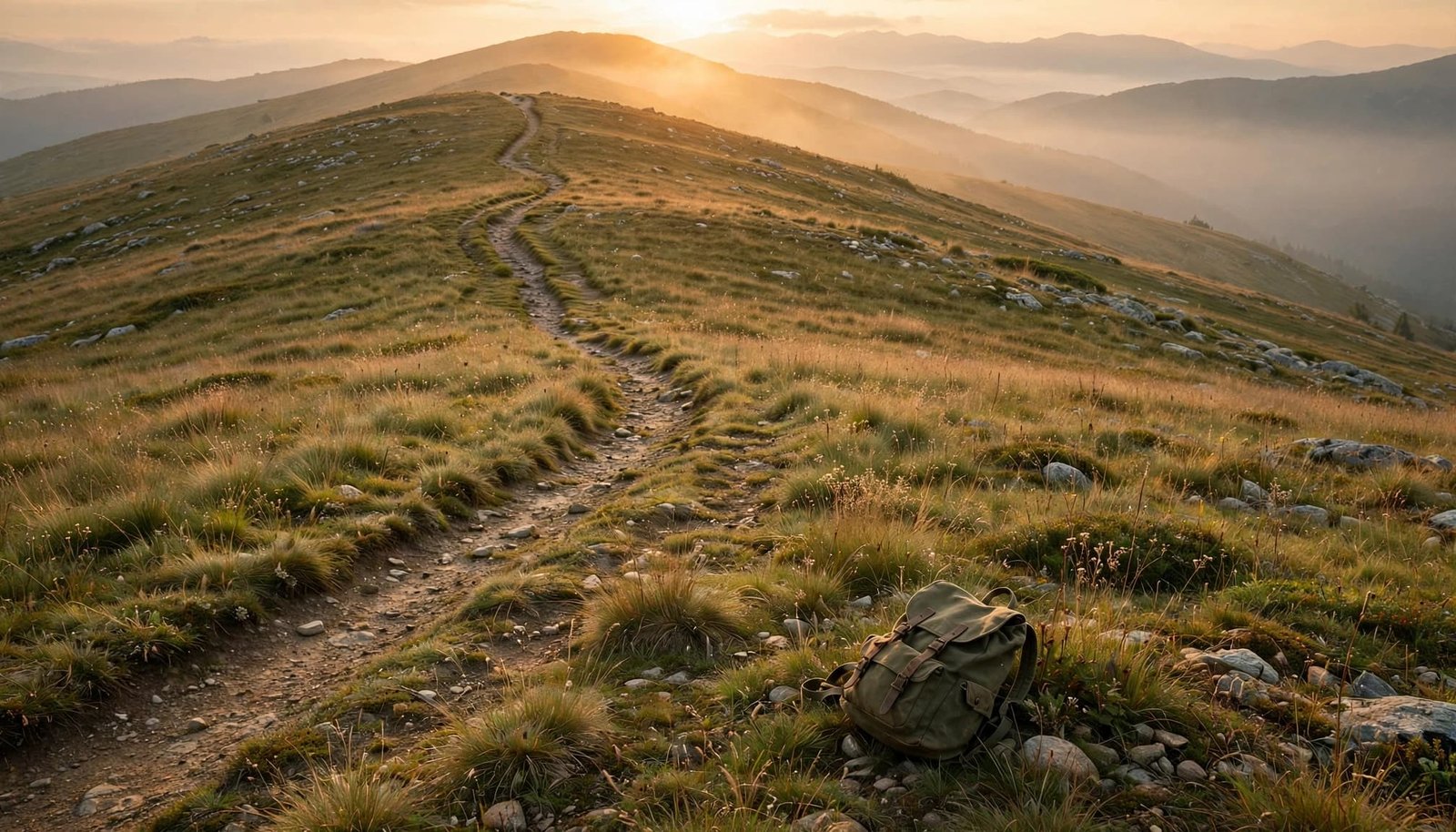 A worn trail rises through a meadow toward sunrise, with a backpack beside the path.
