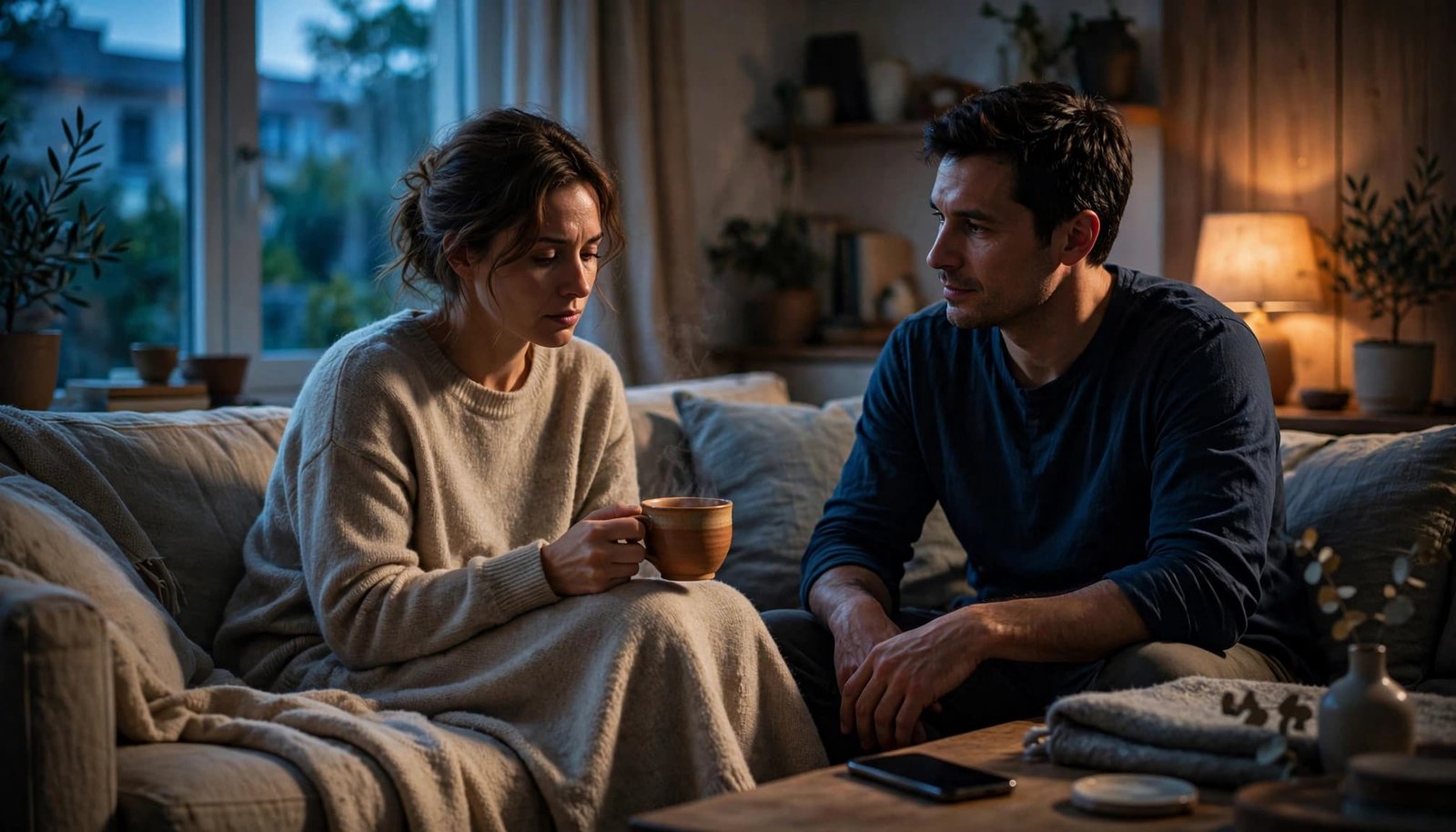 Two friends talk over tea in a calm living room with a phone out of reach.