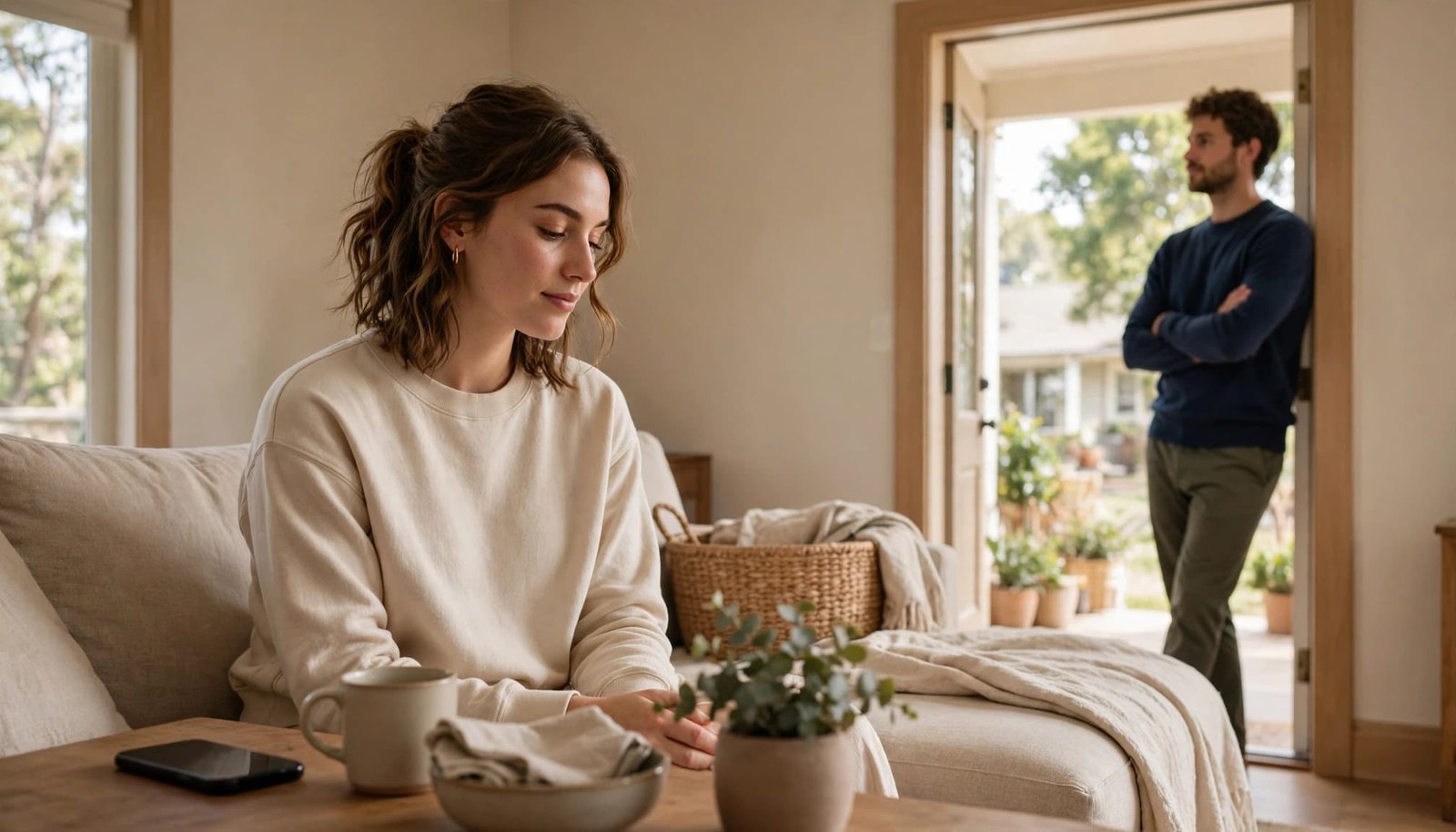 A woman sits calmly at home while her partner offers quiet support nearby.