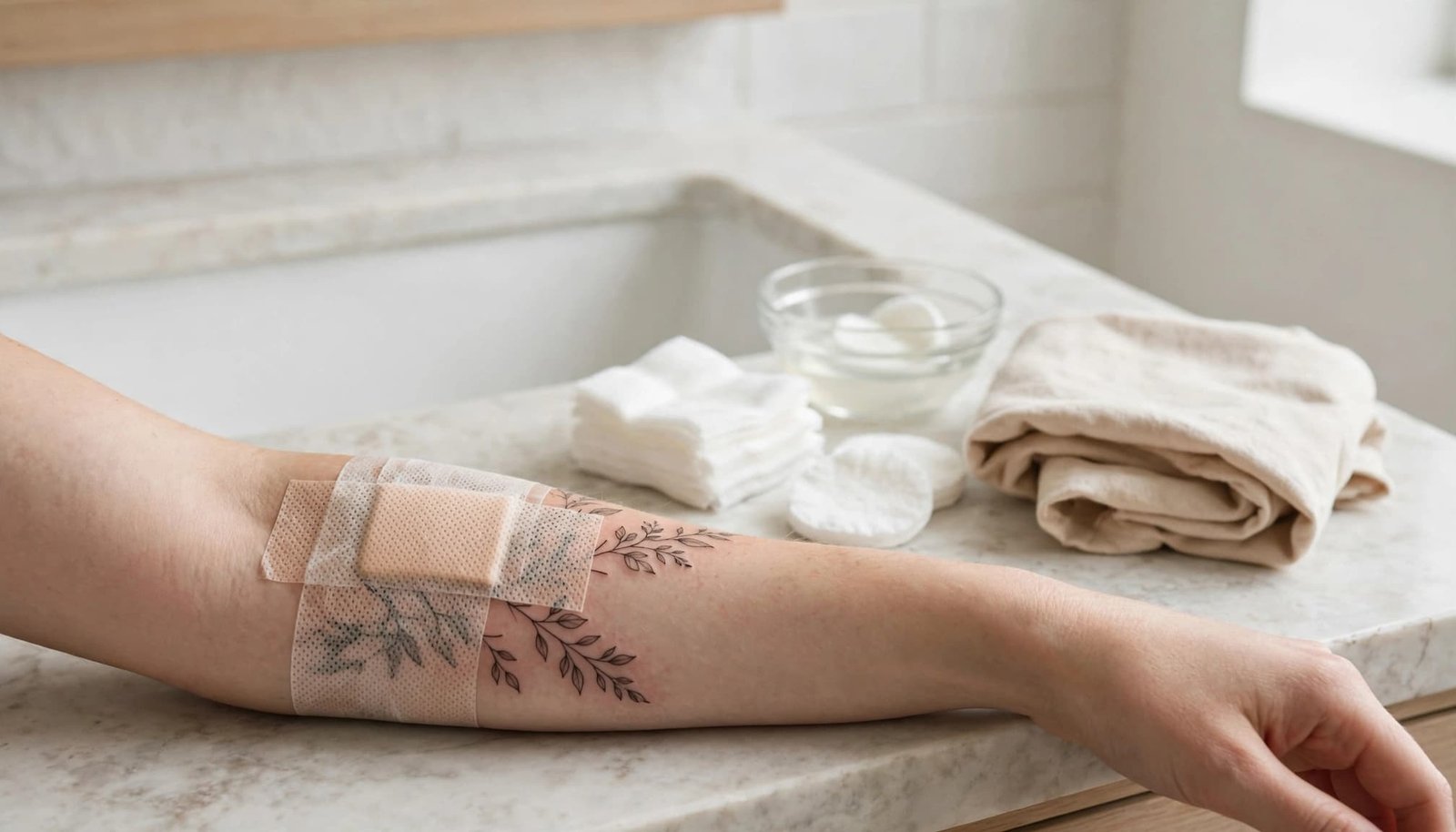 A tattooed forearm with a breathable bandage beside clean supplies and folded clothing.