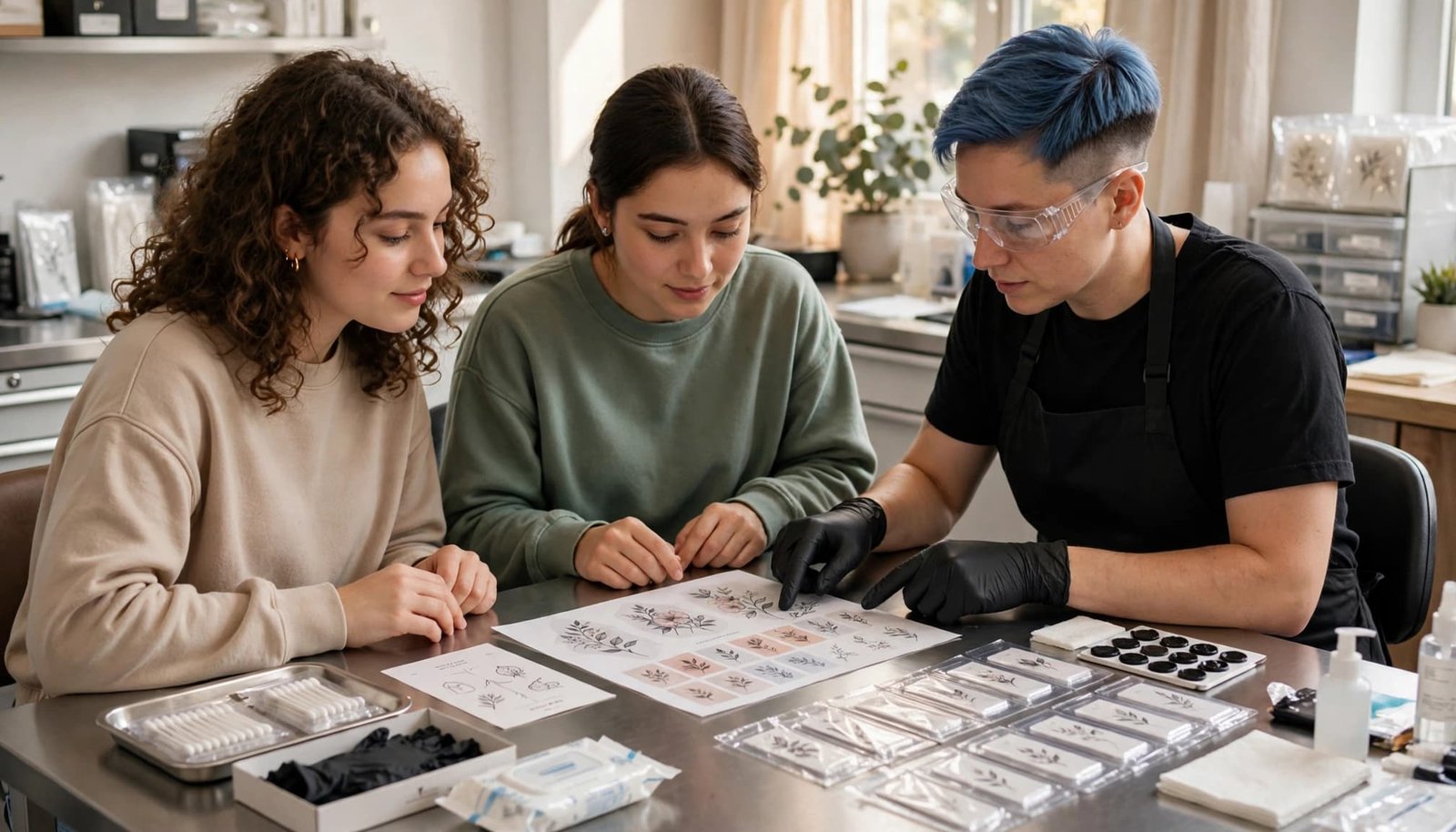 Two sisters discuss tattoo aftercare beside a clean artist workstation.